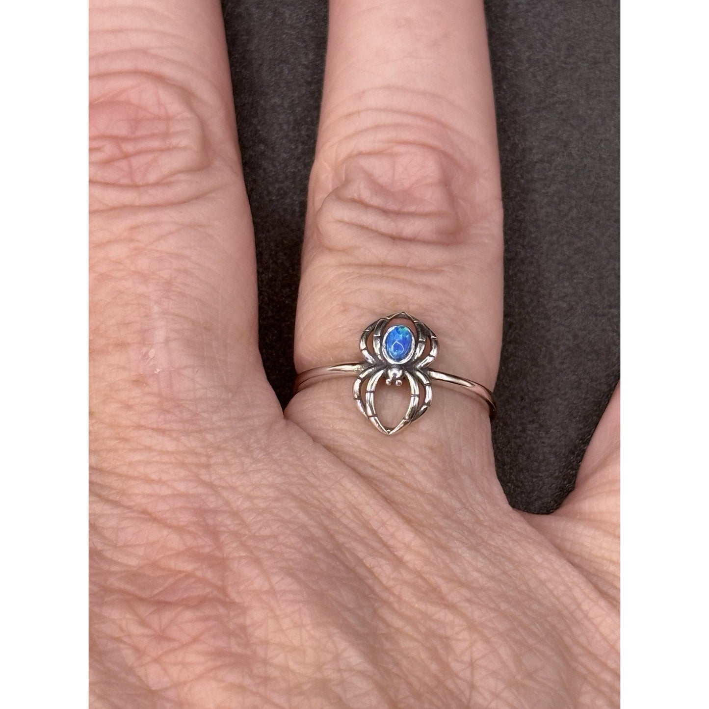 New Condition Sterling Silver Lab Blue Opal Spider Dainty Ring Size 6.50