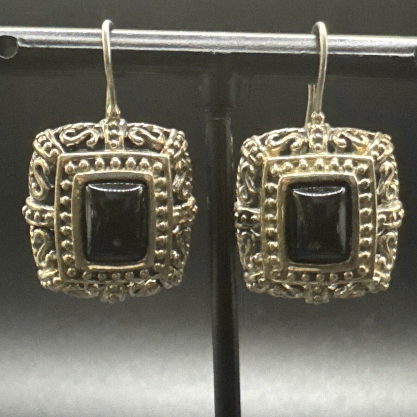 Vintage Sterling Silver Square Onyx Dangle Earrings 925 K30