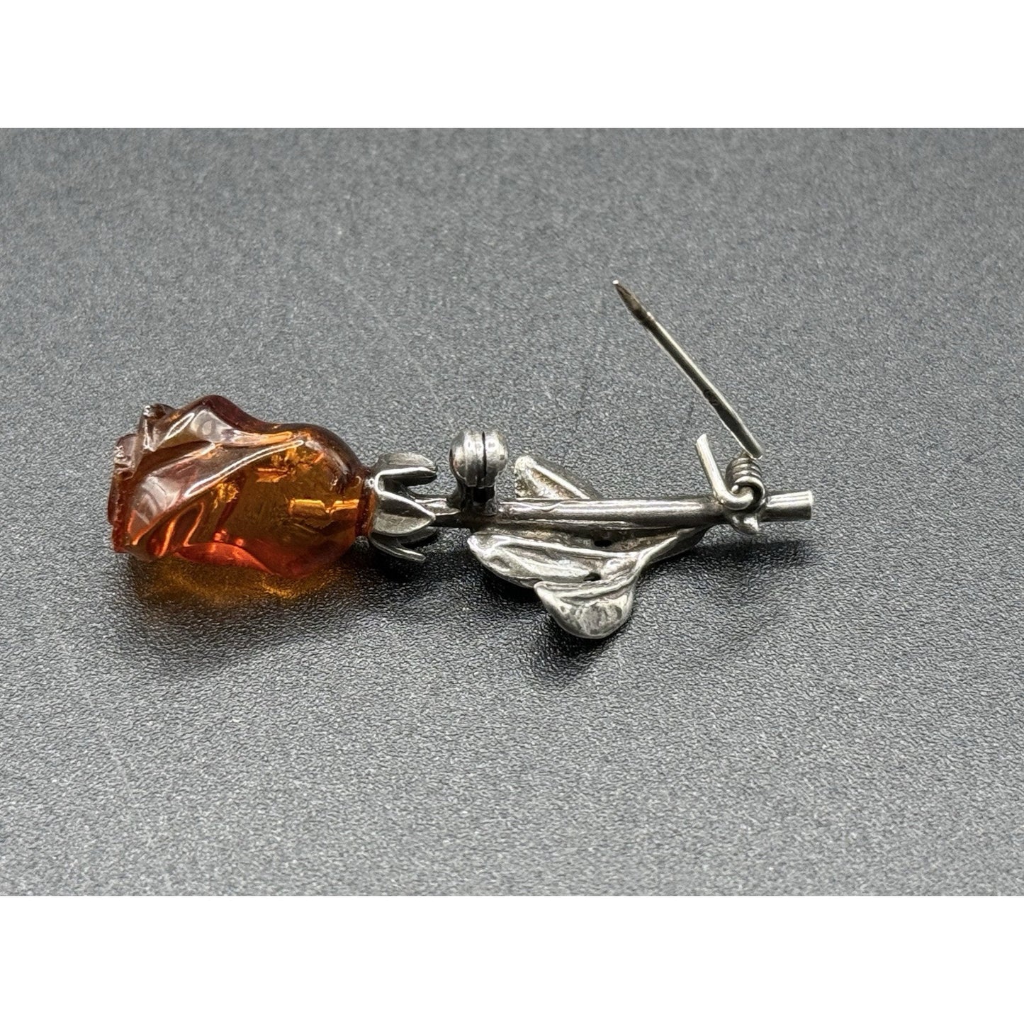 Vintage Sterling Silver Carved Amber Flower Brooch Pin P5