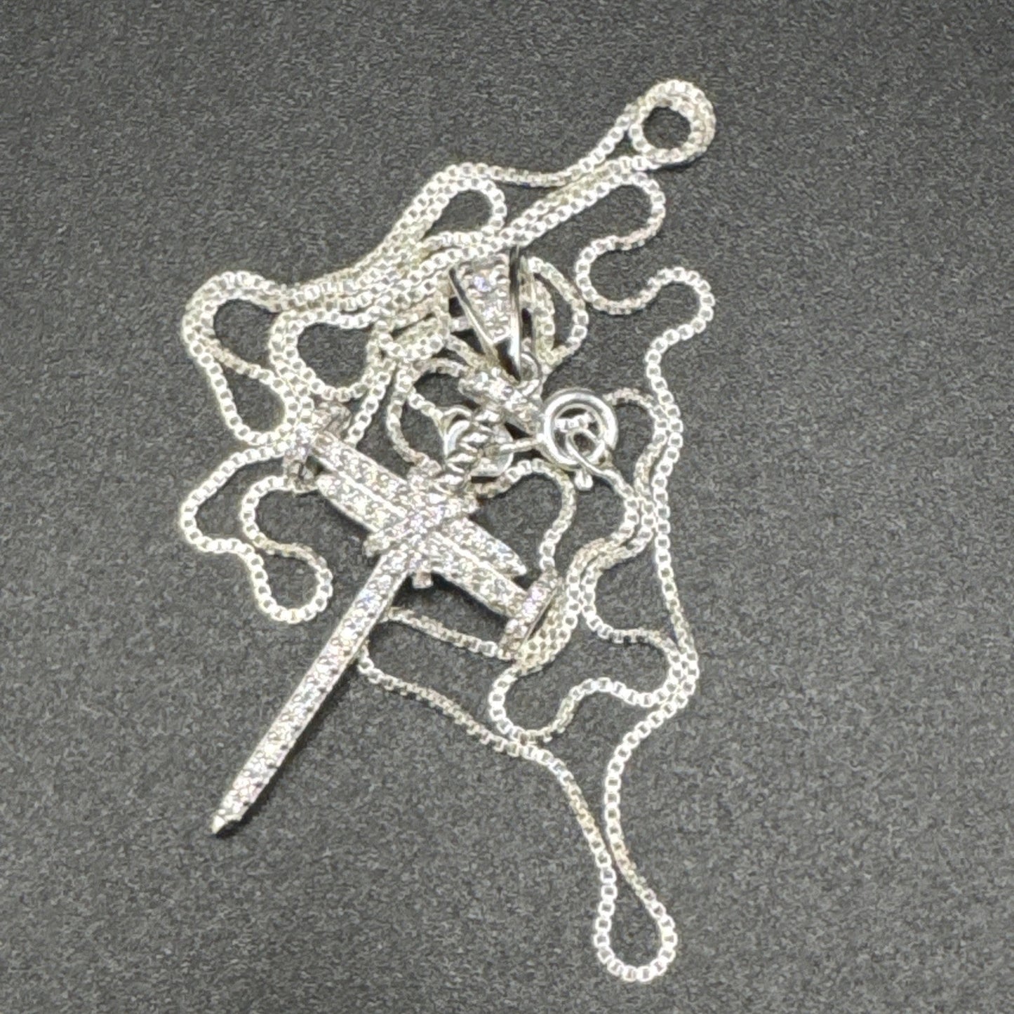 New Condition Sterling Silver 22” CZ Cross Of Nails Pendant Necklace 925