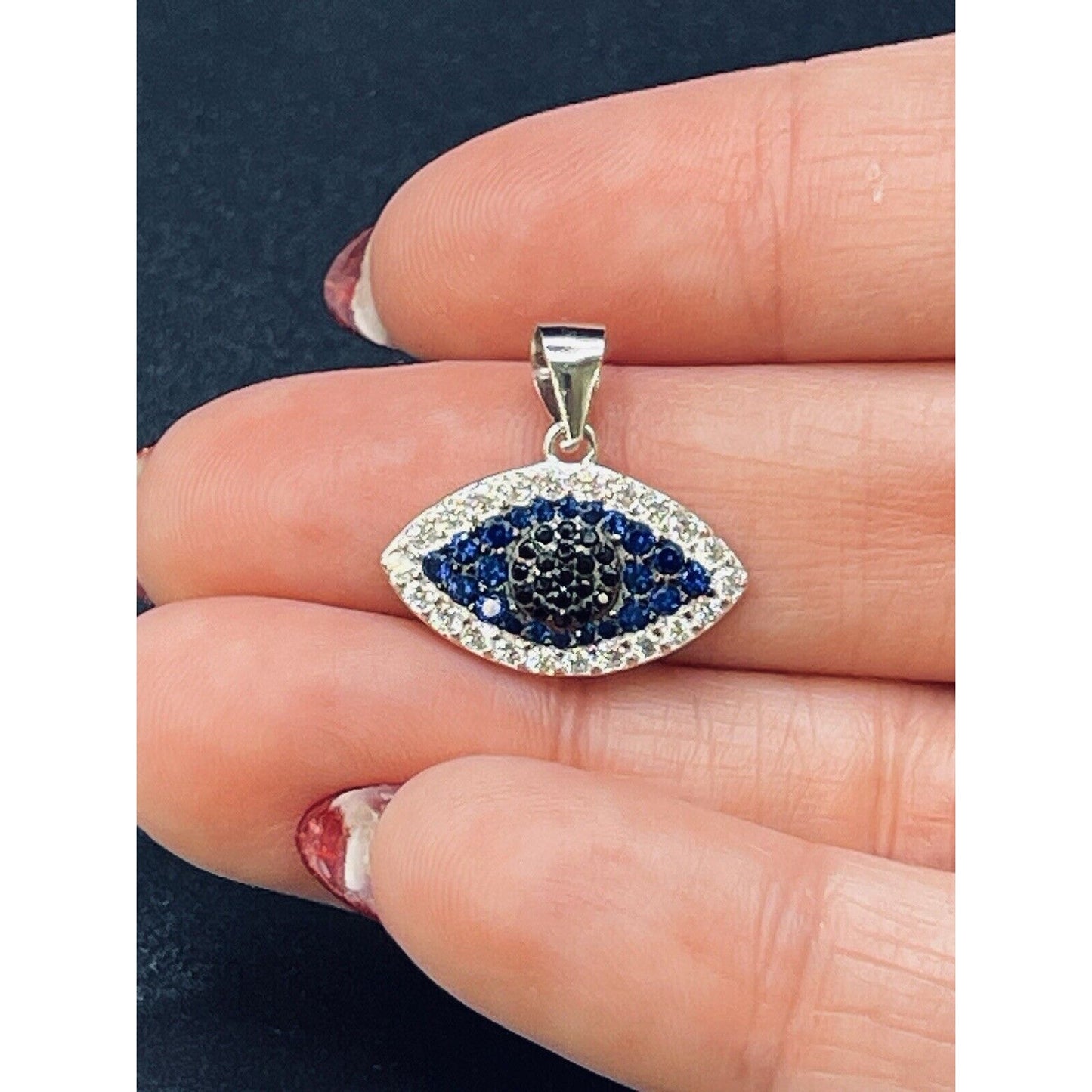 EUC Sterling Silver Blue White Cubic Zirconia Evil Eye Pendant 925 L19