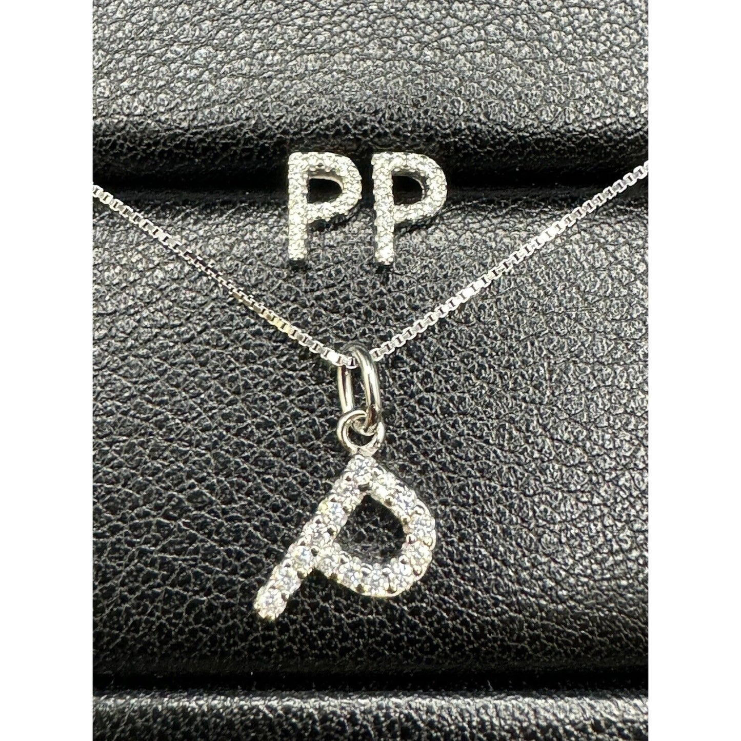 New Condition Sterling Silver CZ Dainty Letter 18” “P” Pendant Earrings Set 925