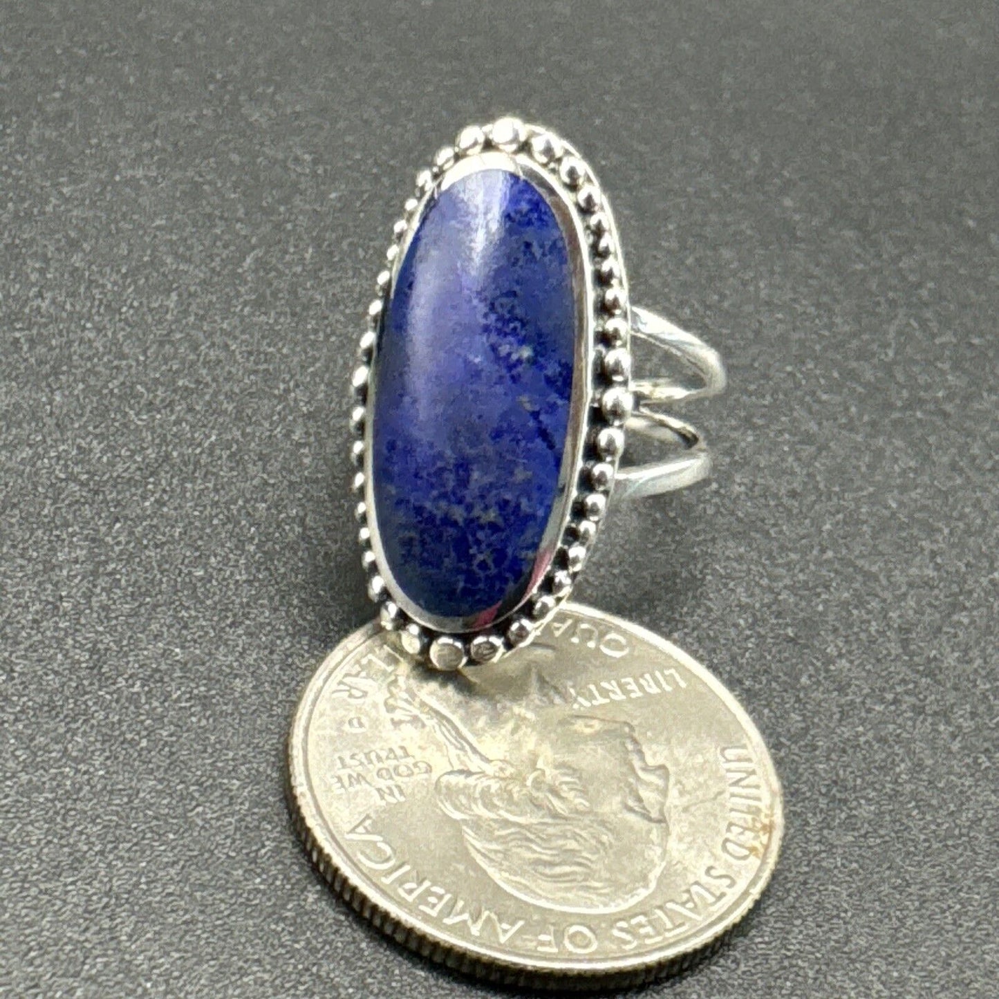 New Condition Sterling Silver Oval Oblong Lapis Ring 925 Size 7