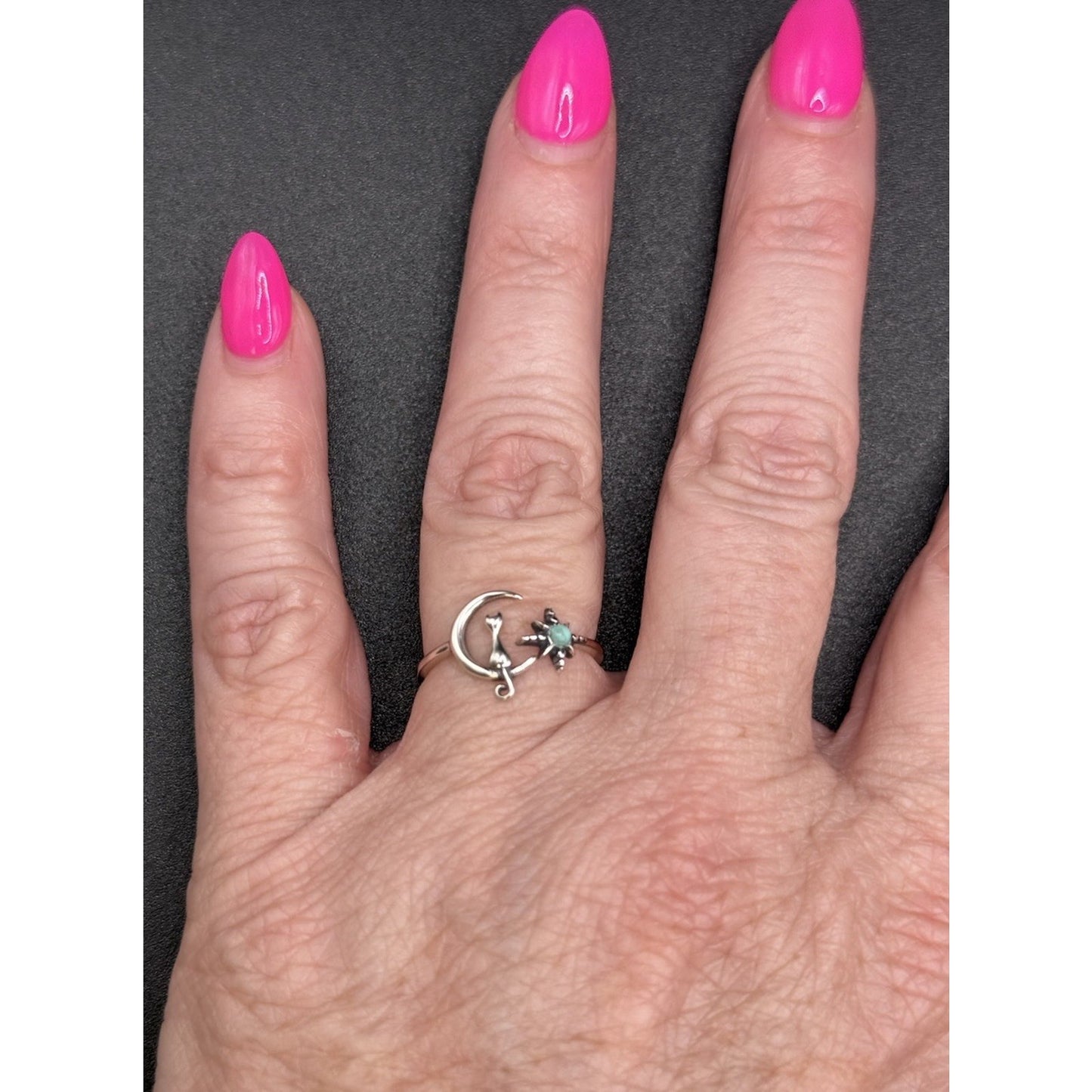 New Condition Sterling Silver Turquoise Moon Cat Star Ring Size 7.00 Adjustable