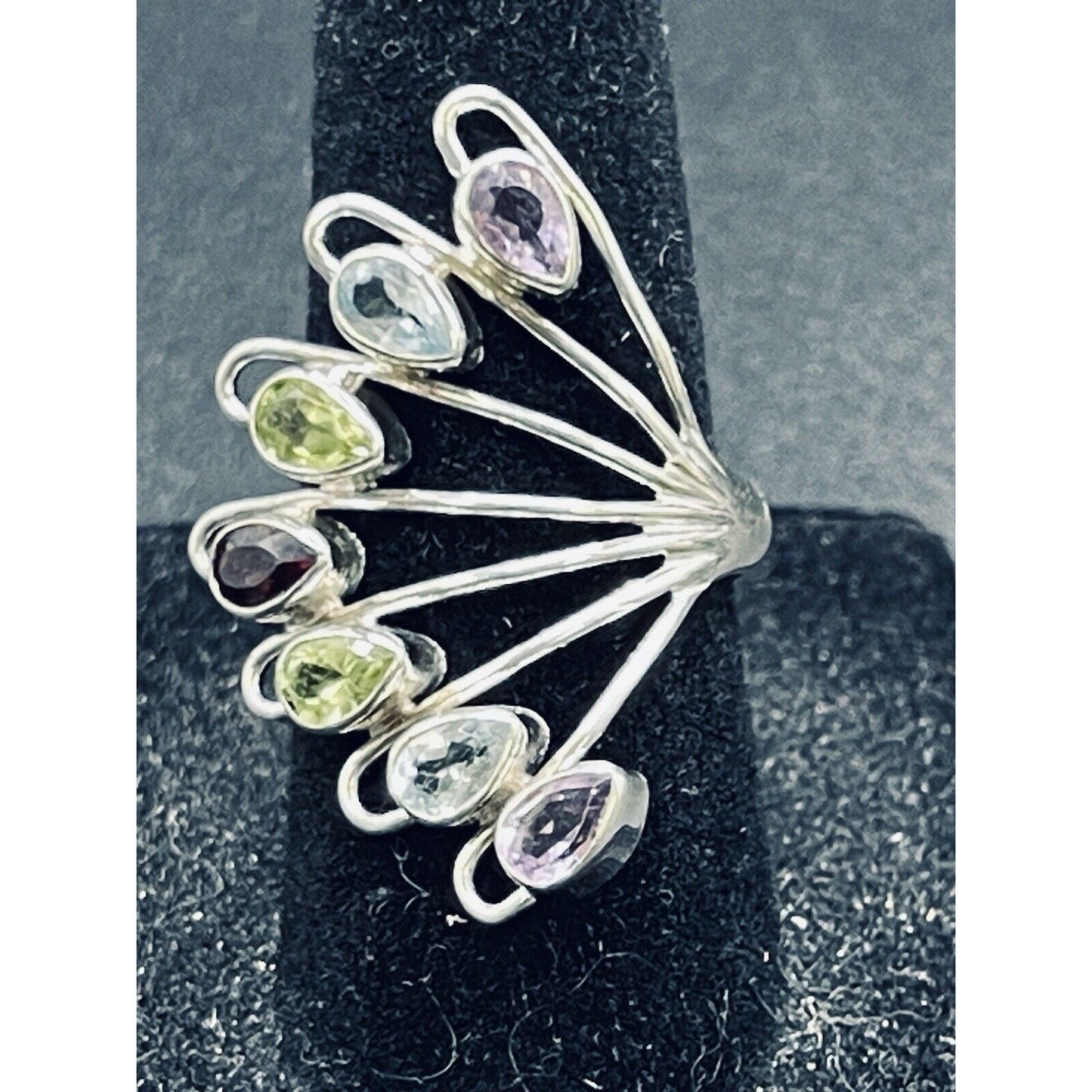 New Condition Sterling Silver Multi Gemstone Bezels Ring Size 7.00