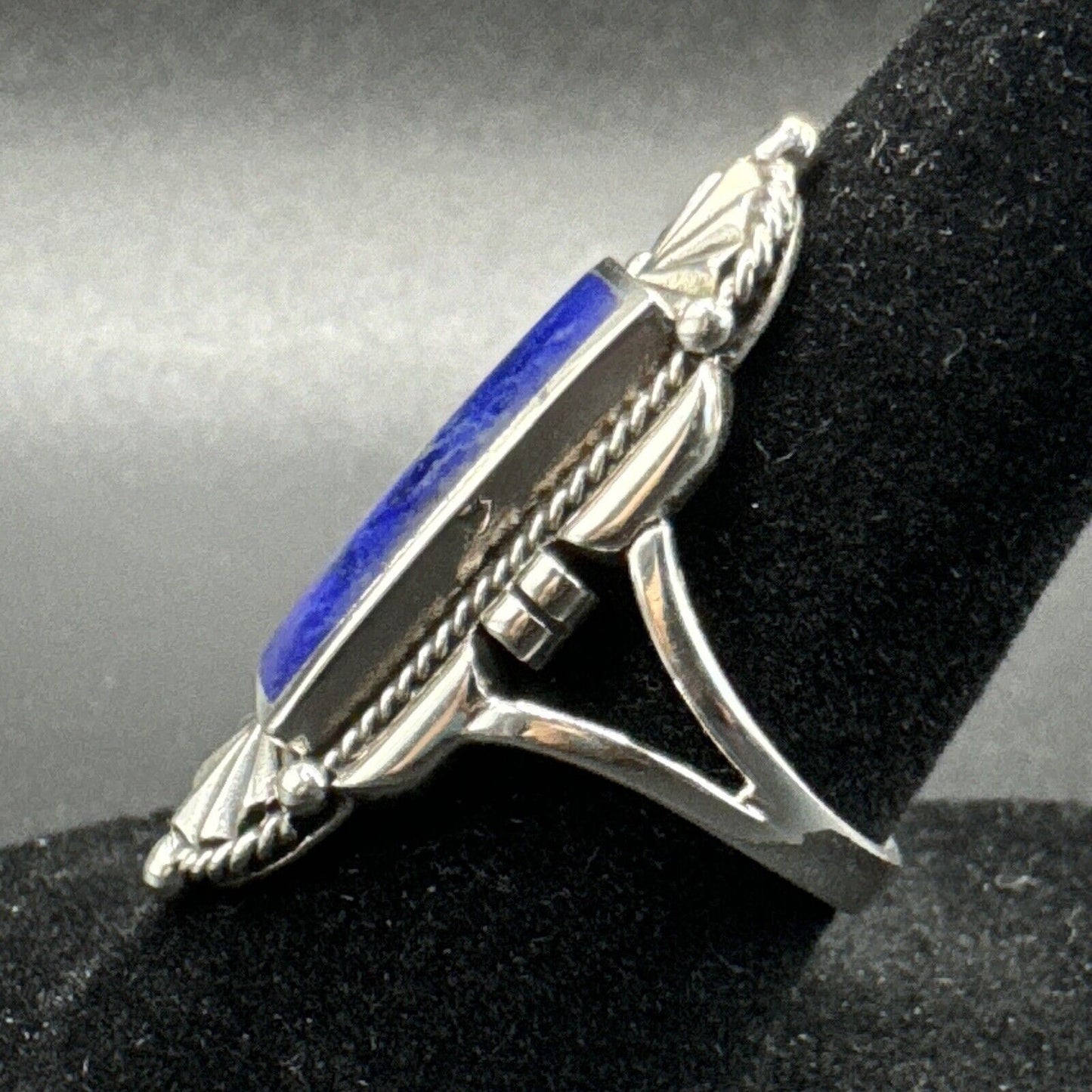 New Condition Sterling Silver 7RI24 Lapis Art Deco Oblong Ring 925 Size 6.50