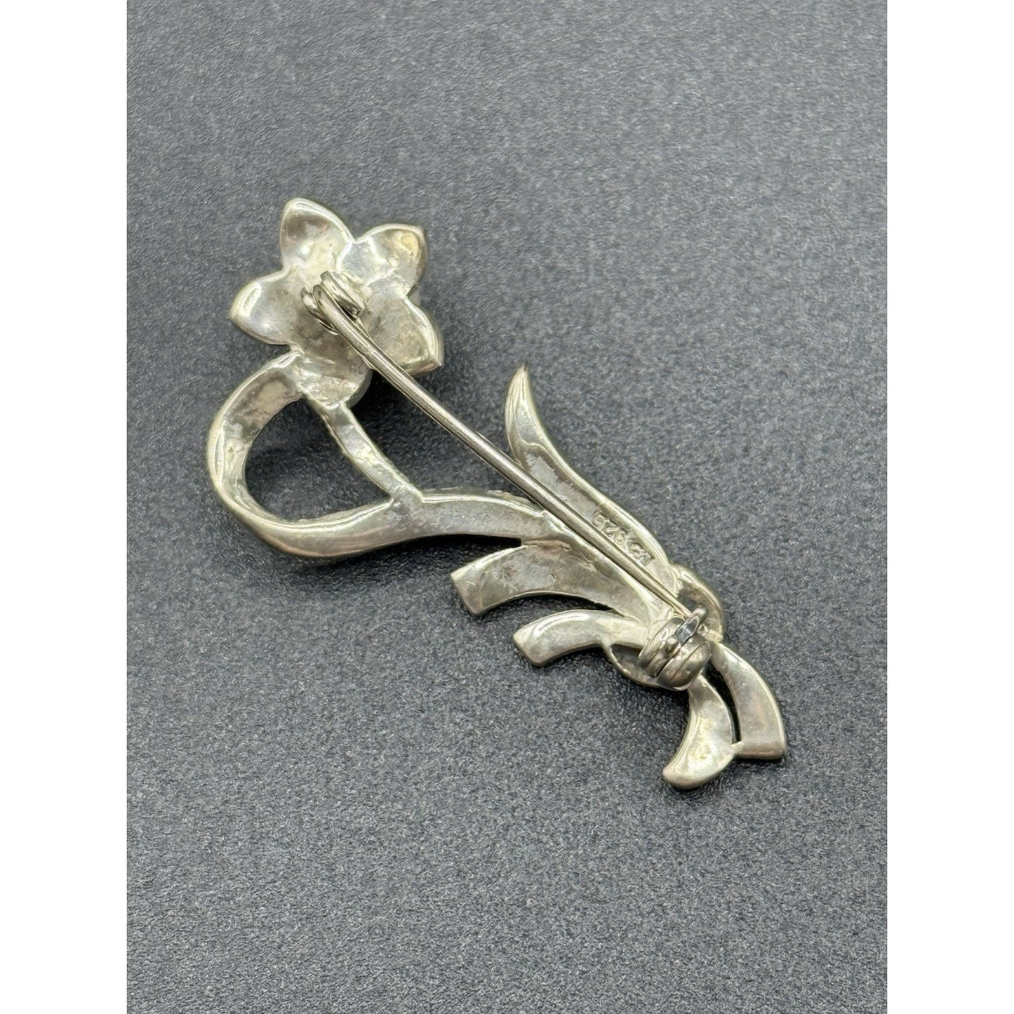 Vintage Sterling Silver Marcasite Pearl Brooch Pin 925 P6
