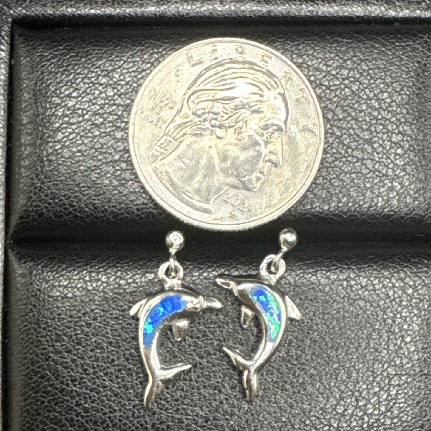 New Condition Lab Blue Opal Dolphin Dangle Earrings 925