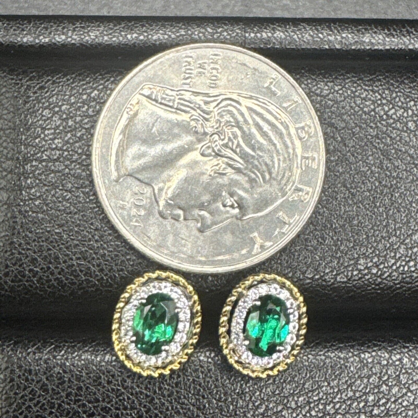 New Condition Sterling Silver 14k Gold Plated Lab Emerald Earrings 925