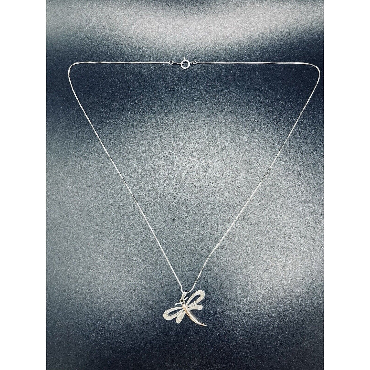18” New Condition Sterling Silver Rose Accent Genuine 1/10th Diamond Dragonfly