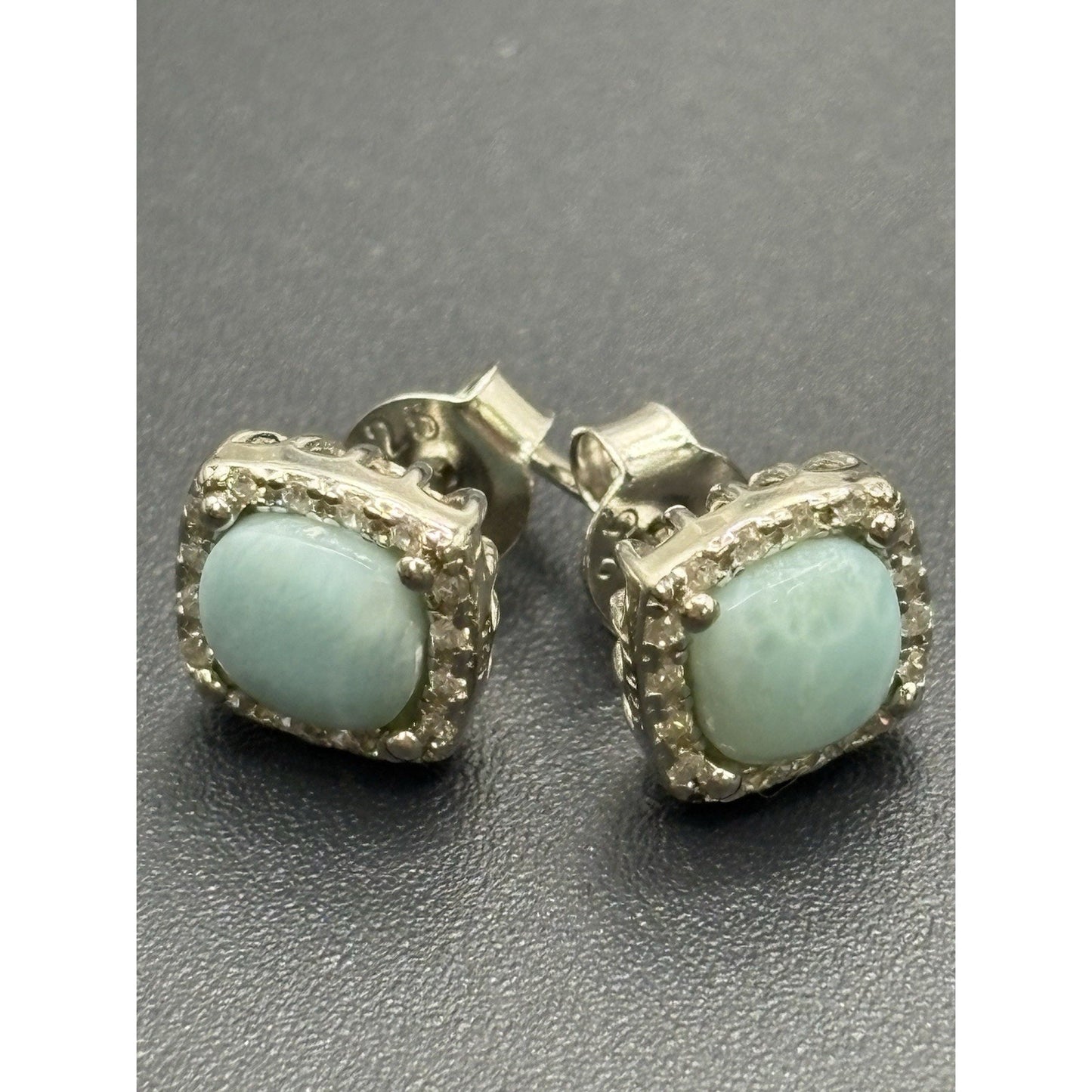 New Condition Sterling Silver Larimar Cubic Zirconia Stud Earrings
