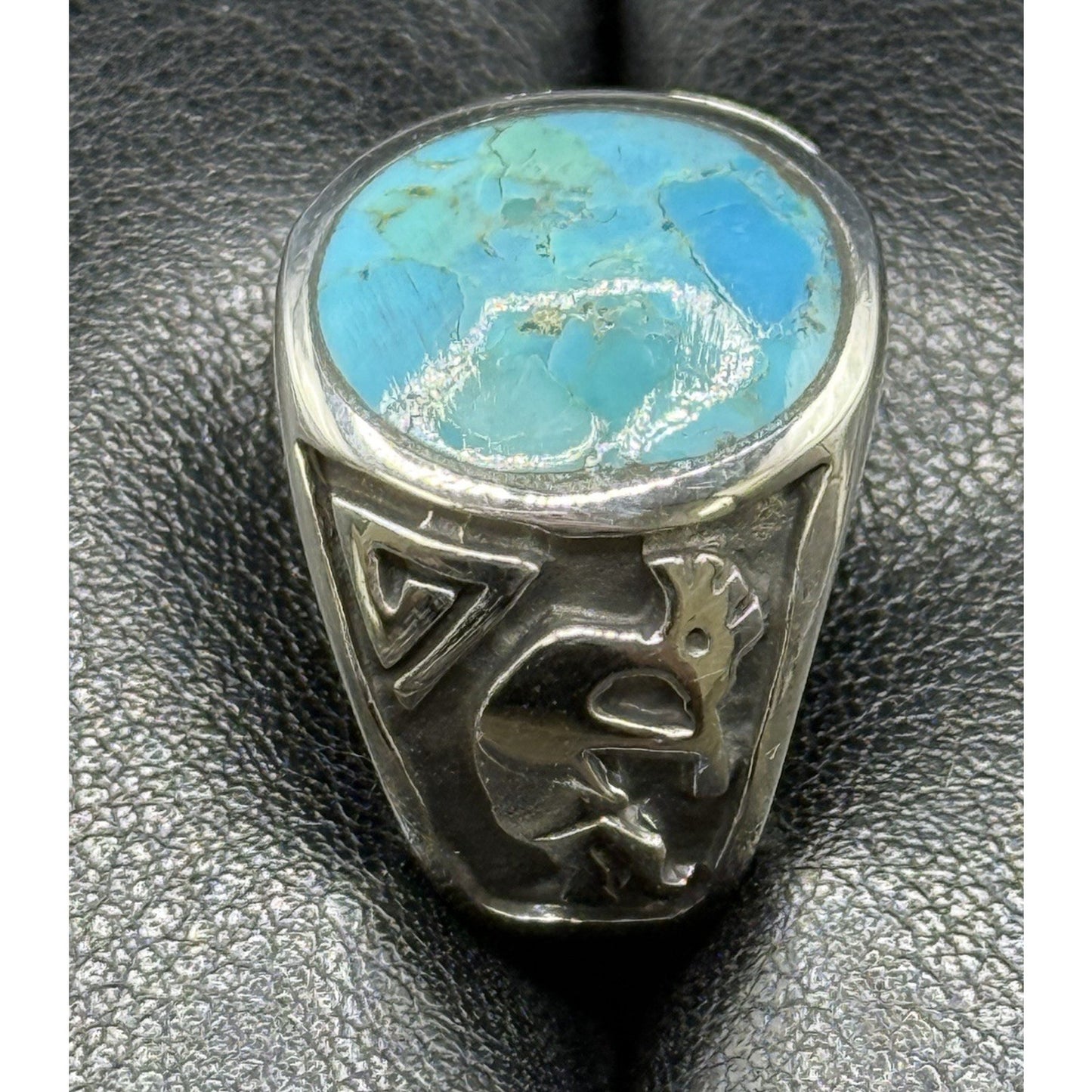New Condition Sterling Silver Kokopelli Genuine Turquoise Gents Ring Size 10.00