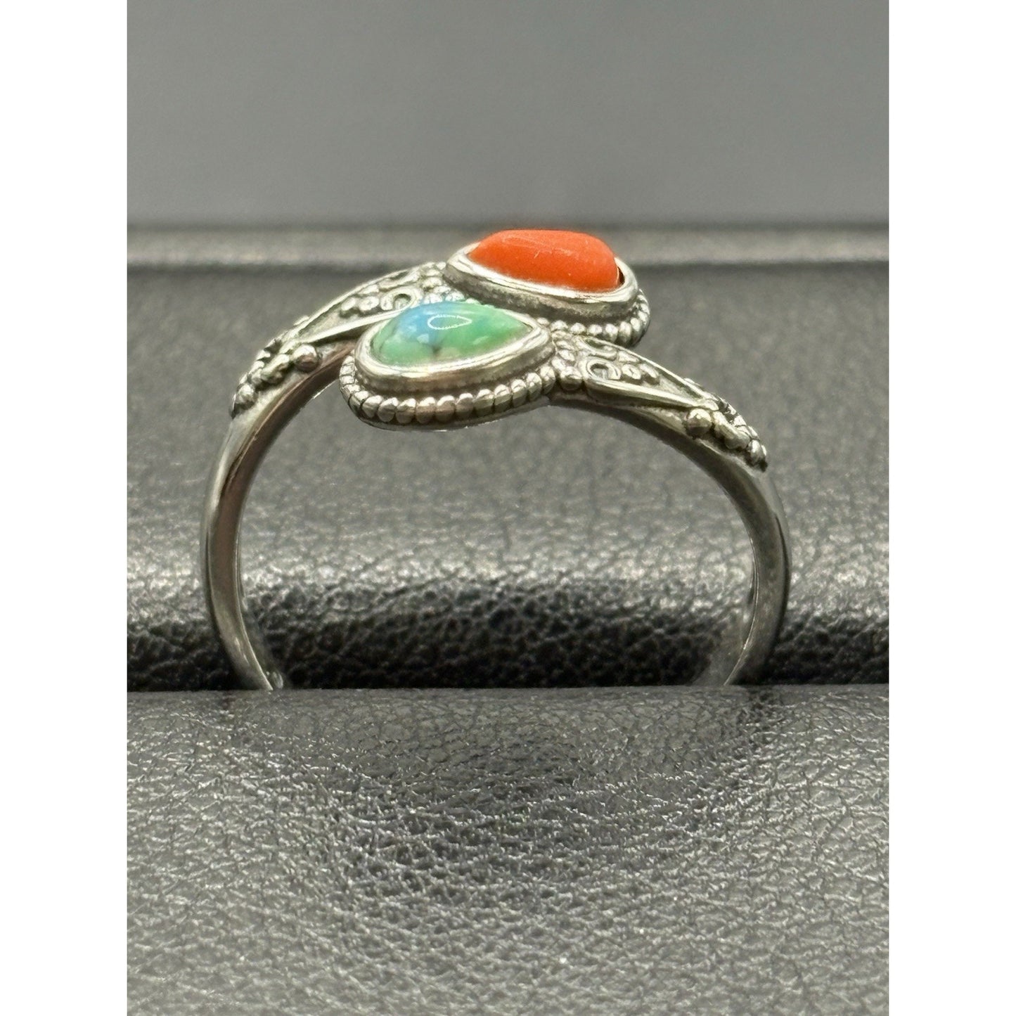 New Condition Sterling Silver Turquoise Coral Bypass Ring Size 7