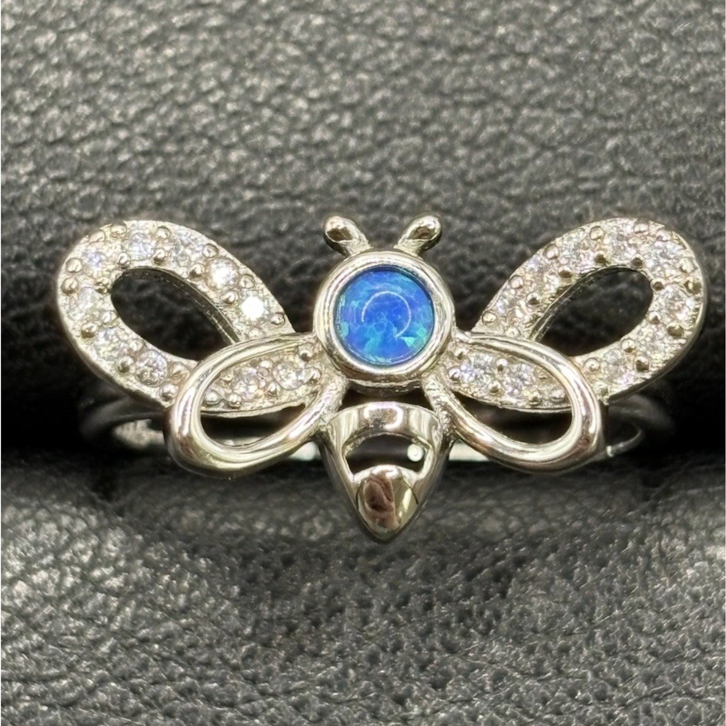 New Condition Sterling Silver Lab Blue Opal Cubic Zirconia Bee Ring Size 7