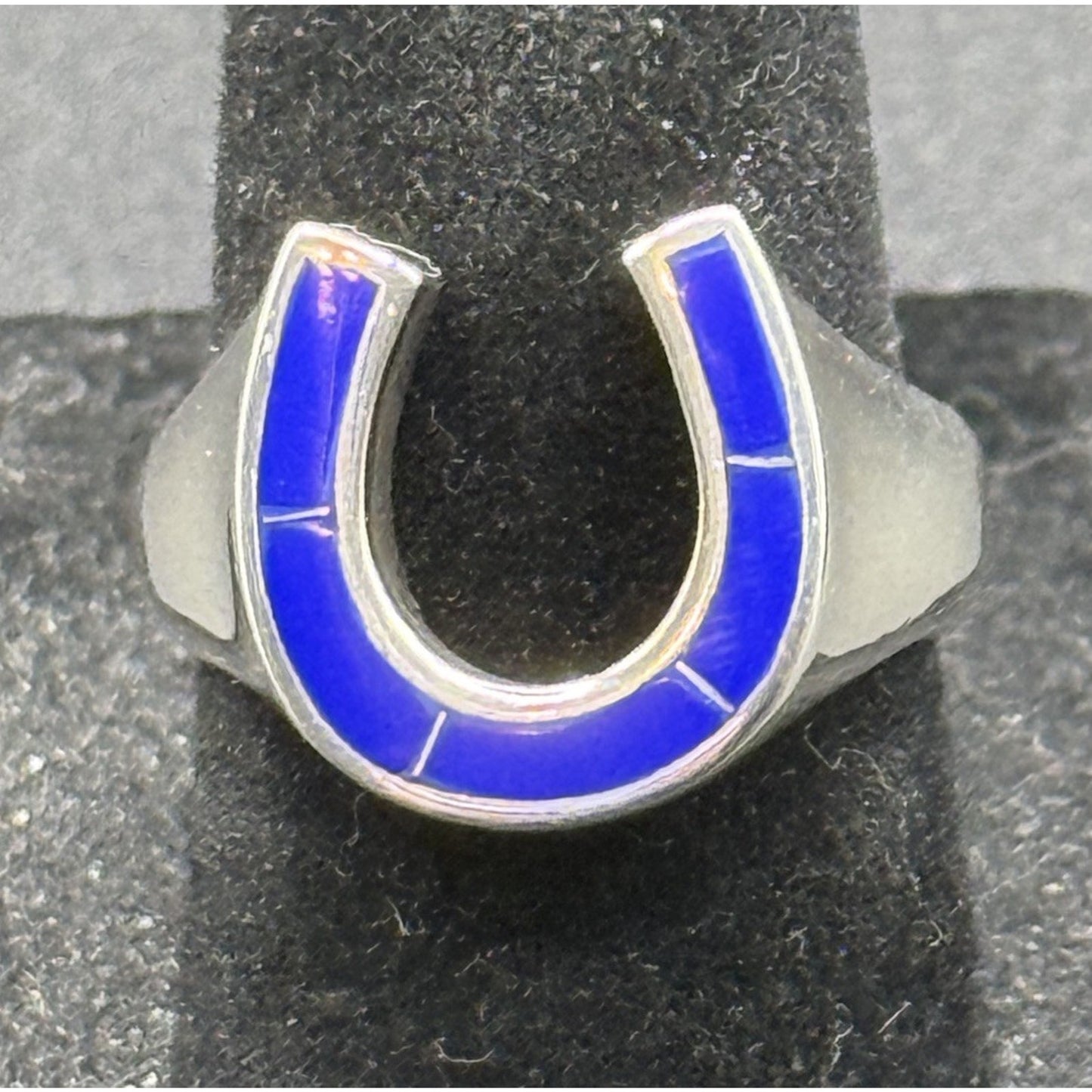 New Condition Sterling Silver Lapis Lazuli Horseshoe Ring Size 7.00