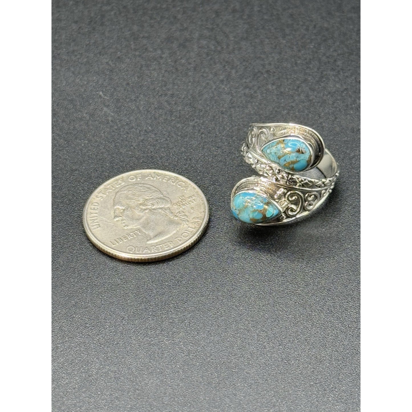 New Condition Sterling Silver Bypass Copper Turquoise Ring Size 7.00