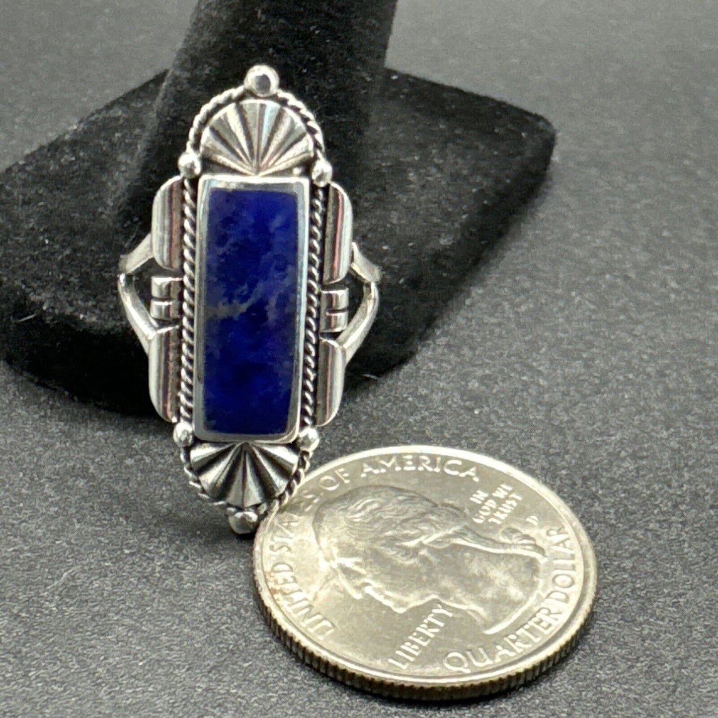 New Condition Sterling Silver 7RI24 Lapis Art Deco Oblong Ring 925 Size 6.50