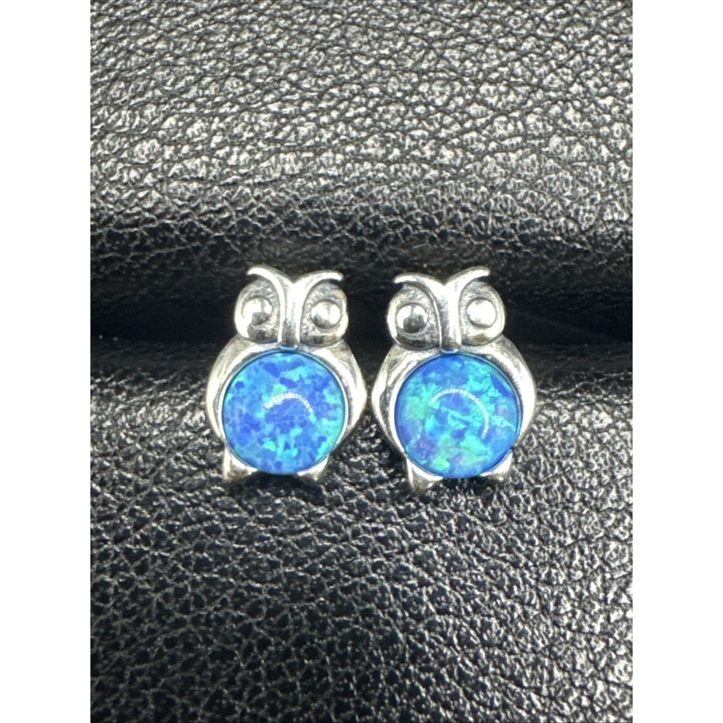 New Condition Sterling Silver Lab Blue Opal Owl Drop Stud Earrings 925