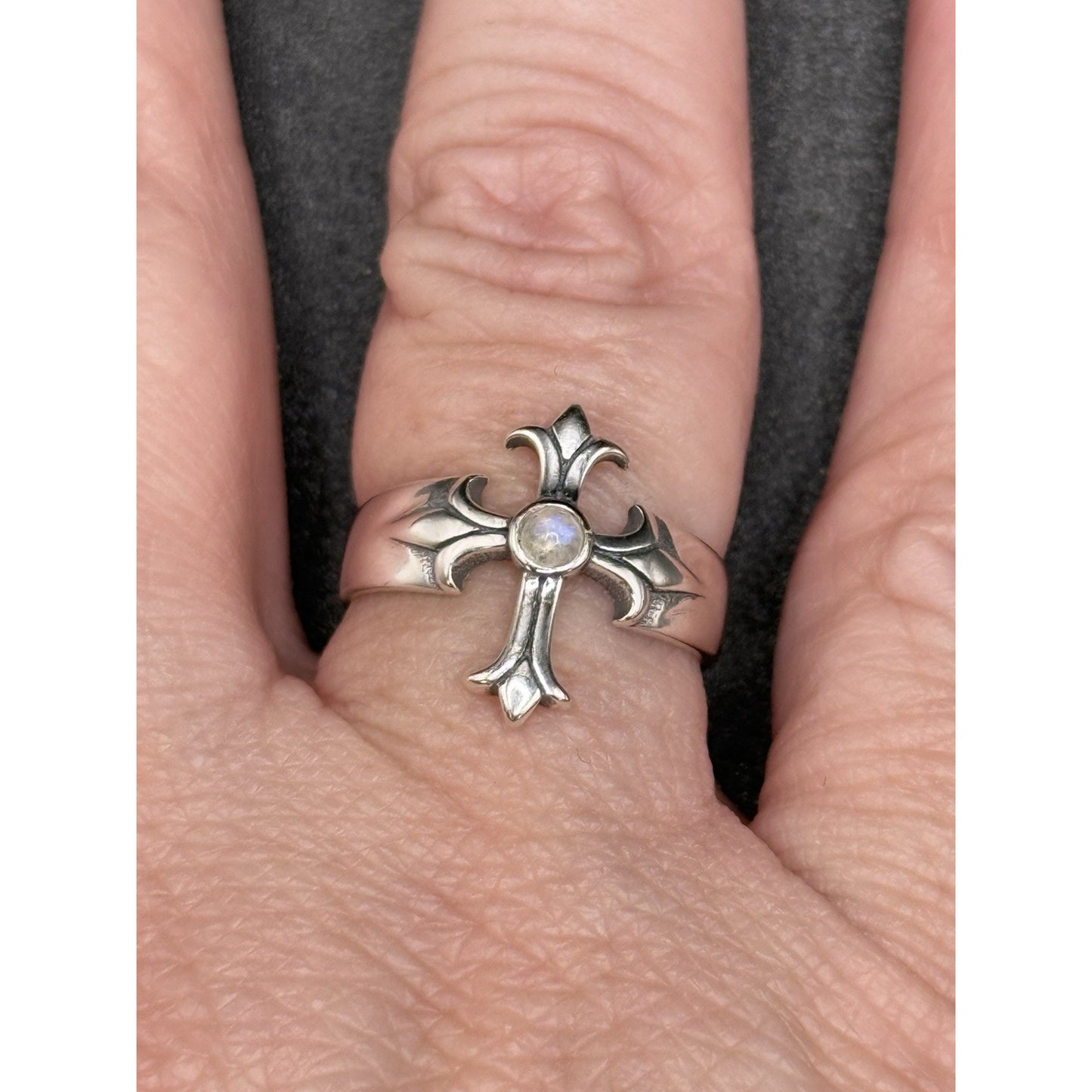 New Condition Sterling Silver Moonstone Cross Ring Size 7.00 925