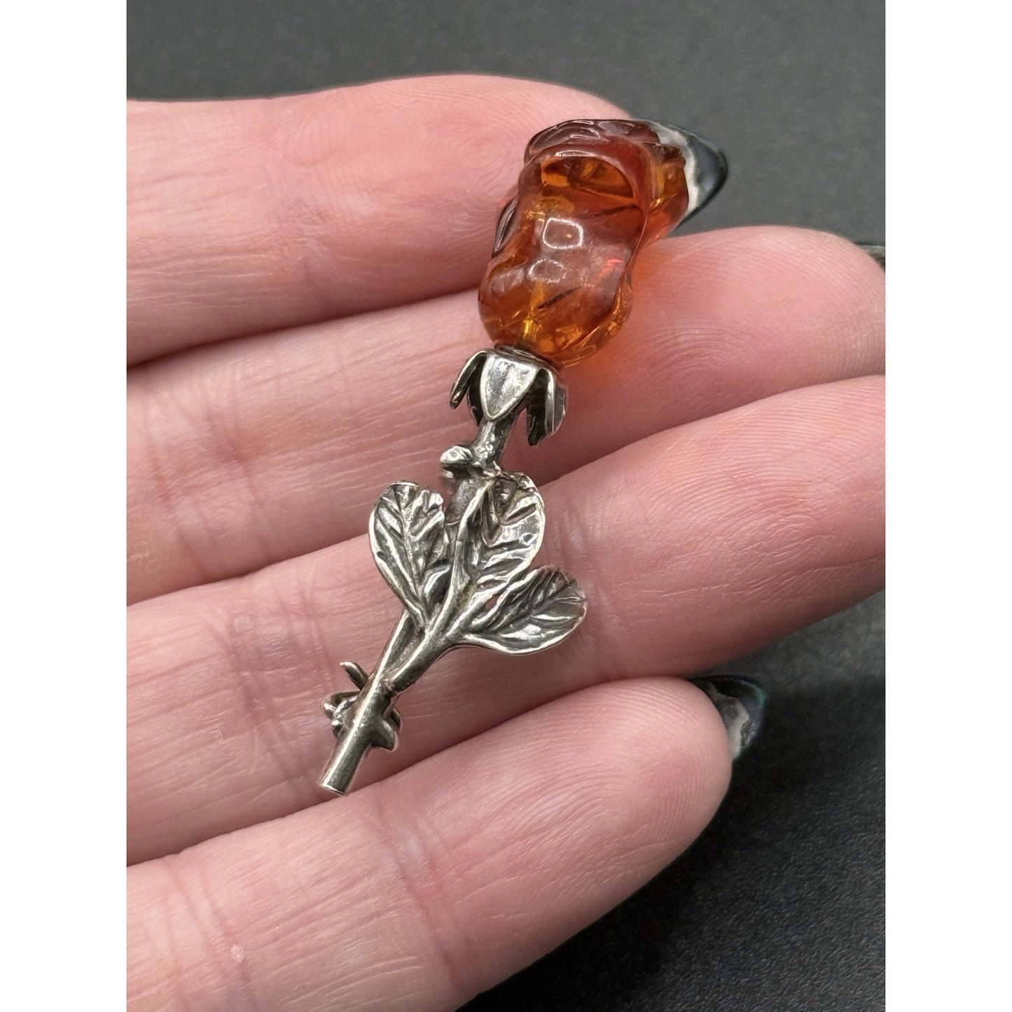 Vintage Sterling Silver Carved Amber Flower Brooch Pin P5