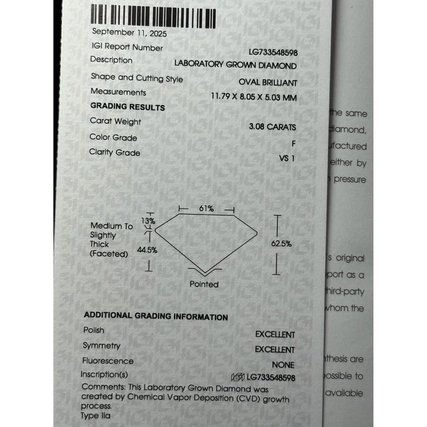 Brand New 14k White Gold 3.08 Carat Oval Brilliant Lab Grown Diamond F Color VS1 Clarity IGI