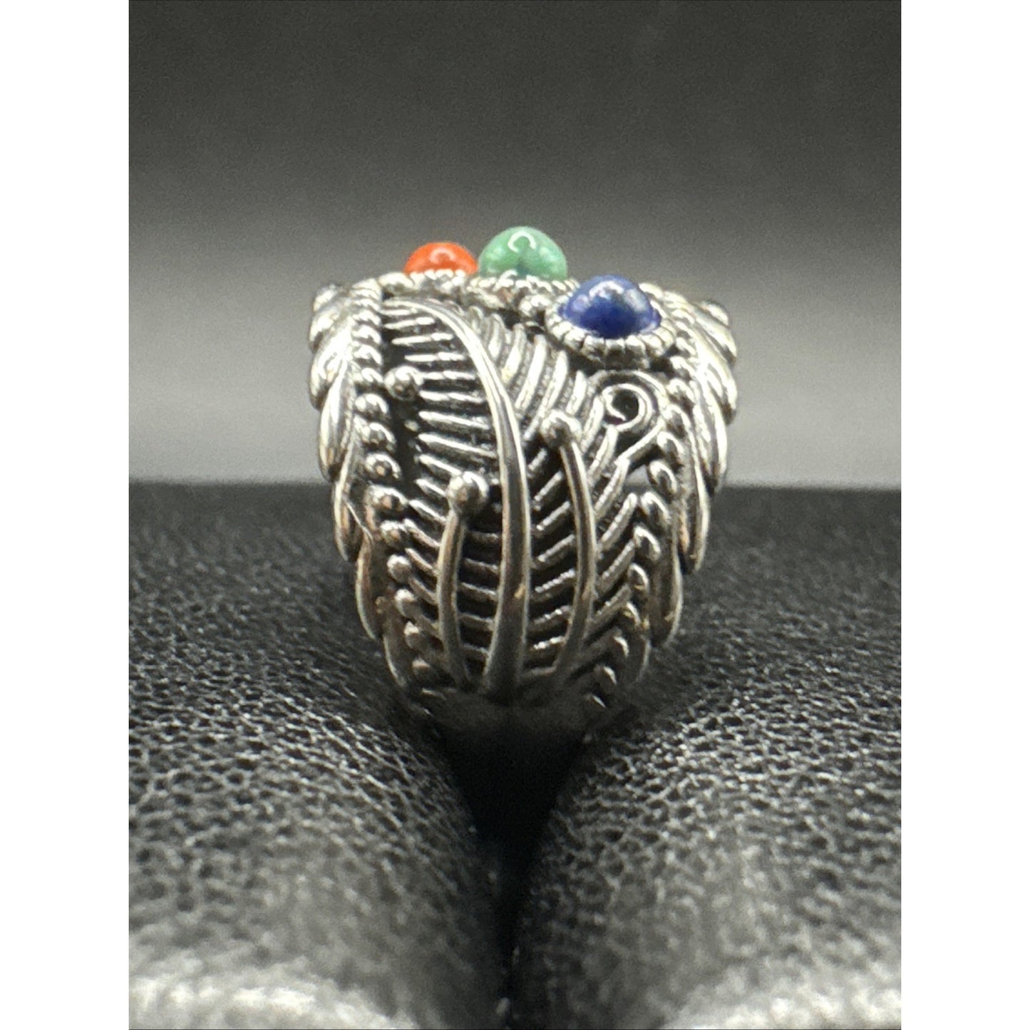 New Condition Coral Turquoise Lapis Feathers Band Ring 925 Size 7