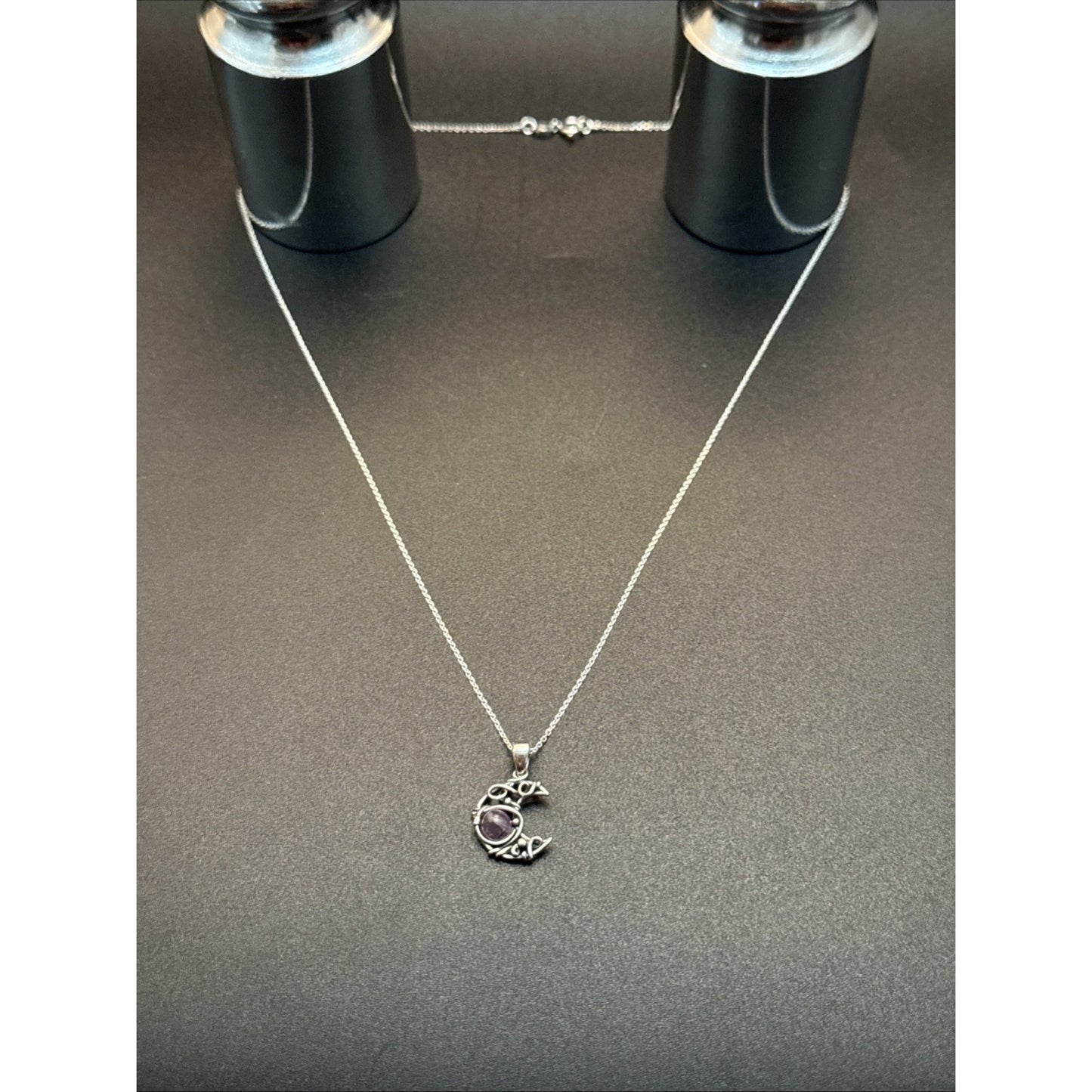 18” New Condition Sterling Silver Amethyst Crescent Moon Pendant Necklace