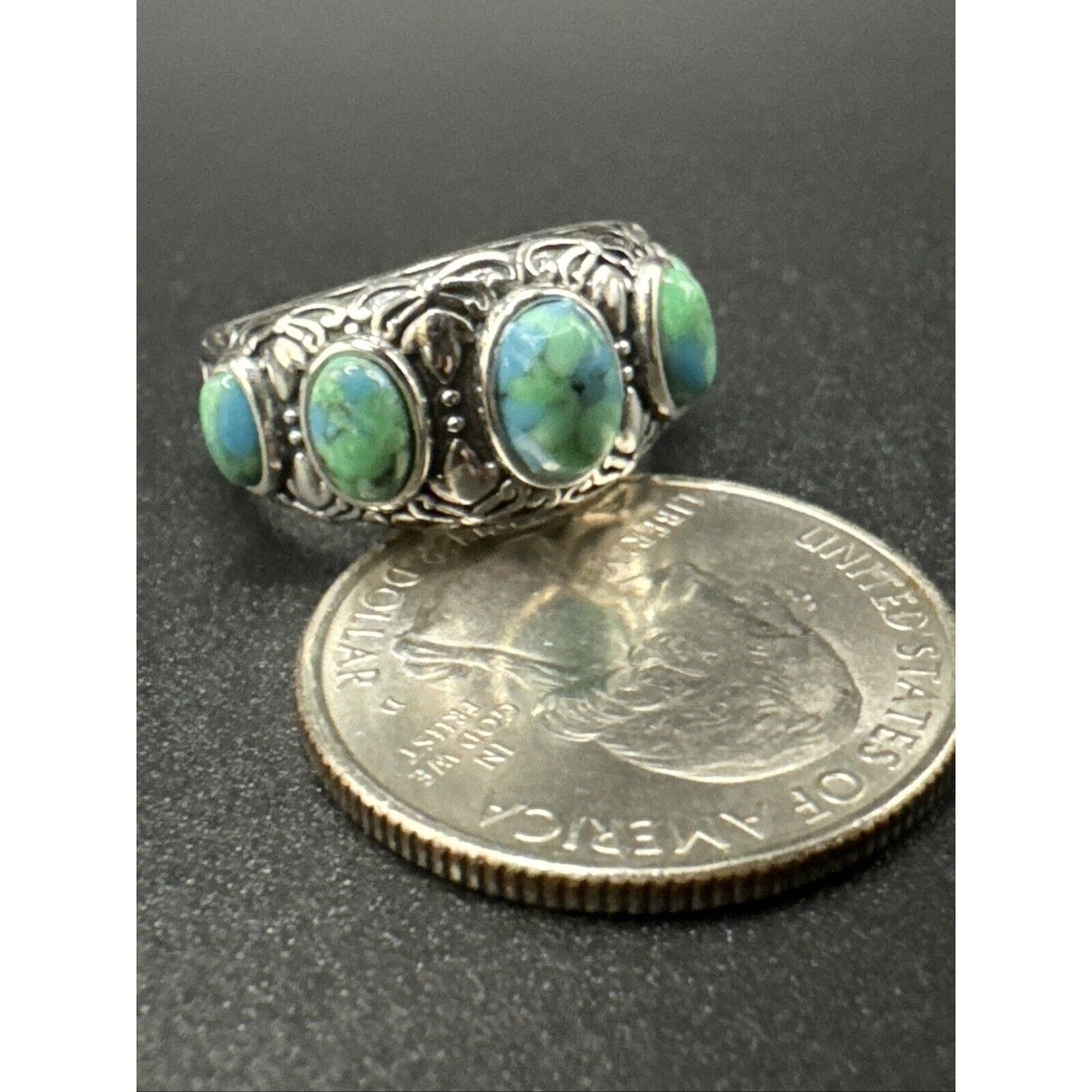 New Condition Sterling Silver Graduated Turquoise 5 Stone Band Ring 925 Size 7