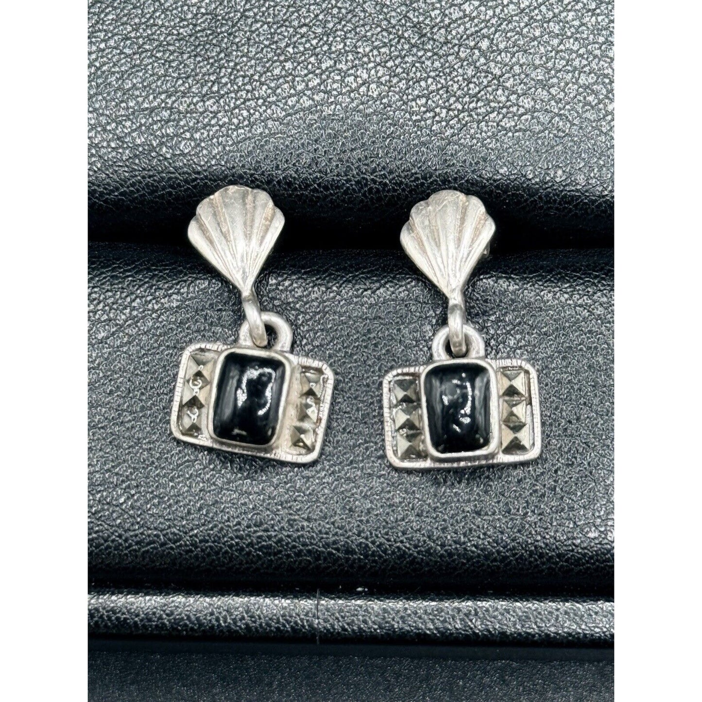 Vintage Sterling Silver Onyx Marcasite Art Deco Dangle Earrings M8