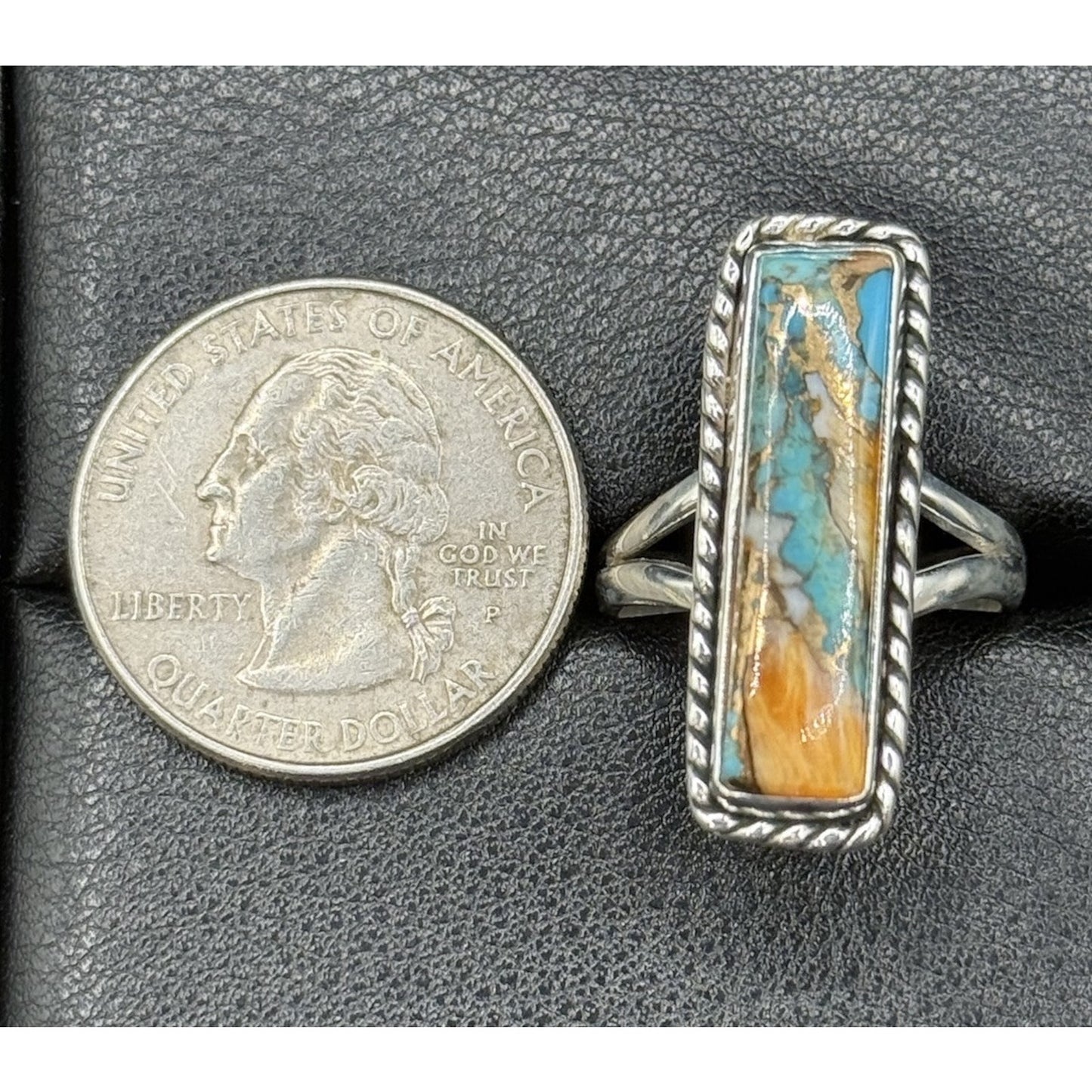New Condition Sterling Silver Spiny Oyster Turquoise Oblong Ring Size 7.00