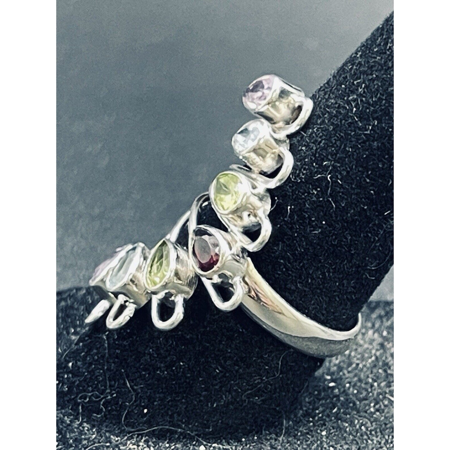 New Condition Sterling Silver Multi Gemstone Bezels Ring Size 7.00