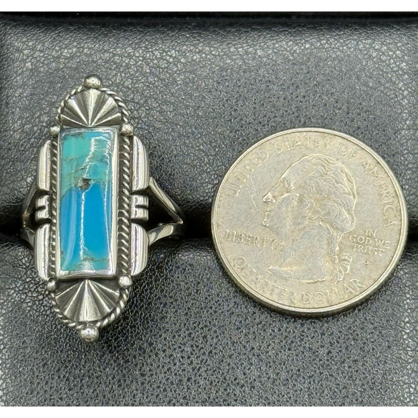 New Condition Sterling Silver Turquoise Art Deco Long Ring Size 8 925