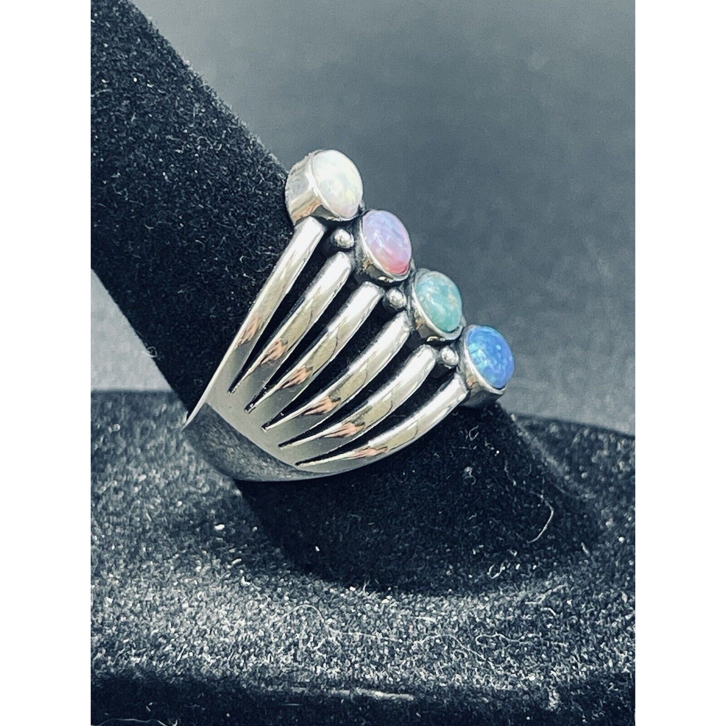 New Condition Sterling Silver Multi Color Lab Opal Ring Size 6.75