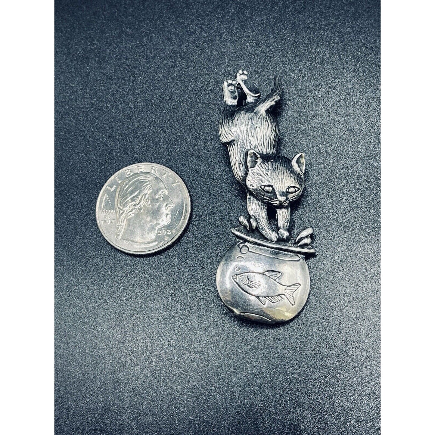 Vintage Sterling Silver Cat In Fish Bowl Brooch Pin 925 15 Grams L19