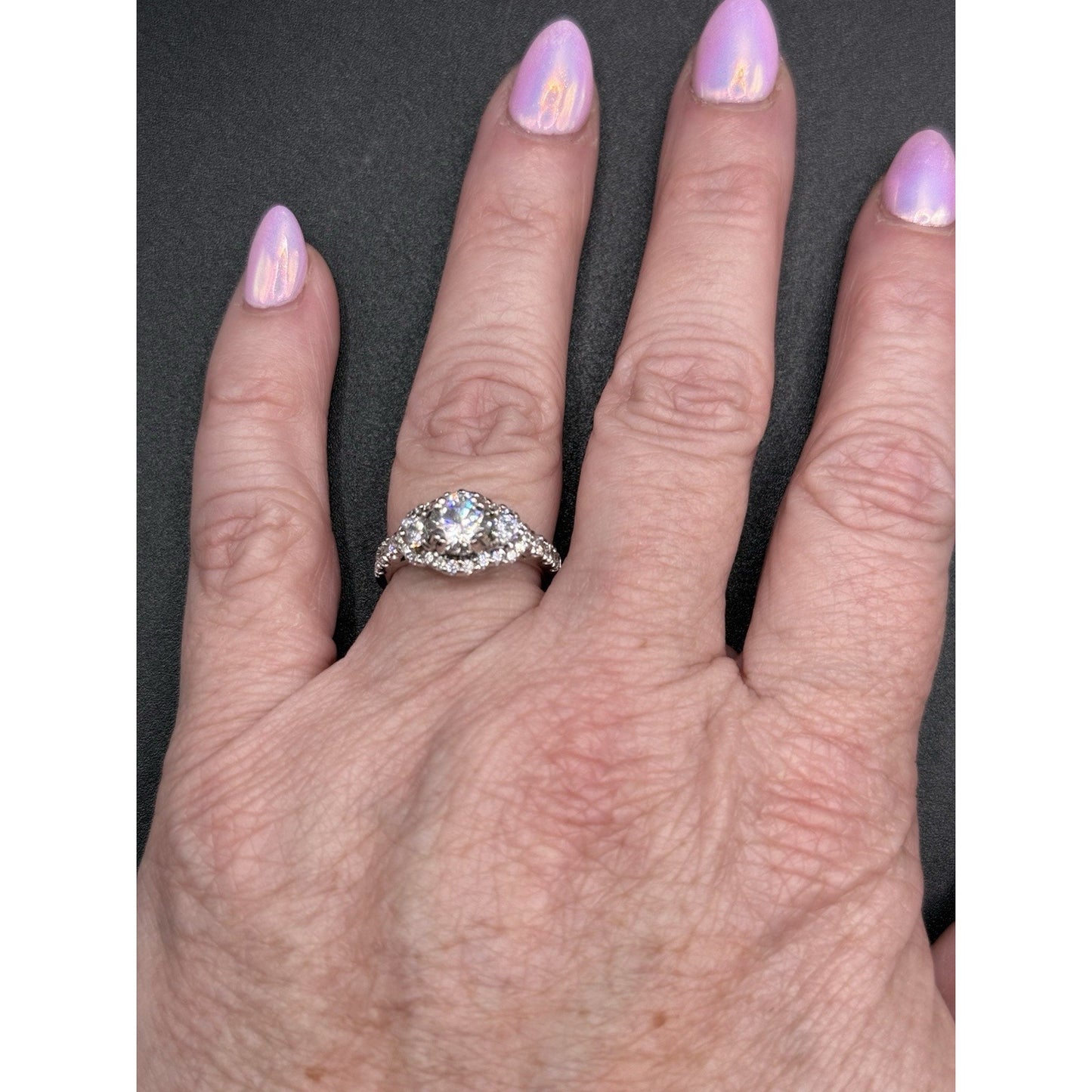 EUC Sterling Silver Cubic Zirconia 3-Stone Halo Ring Size 6.25 Q23