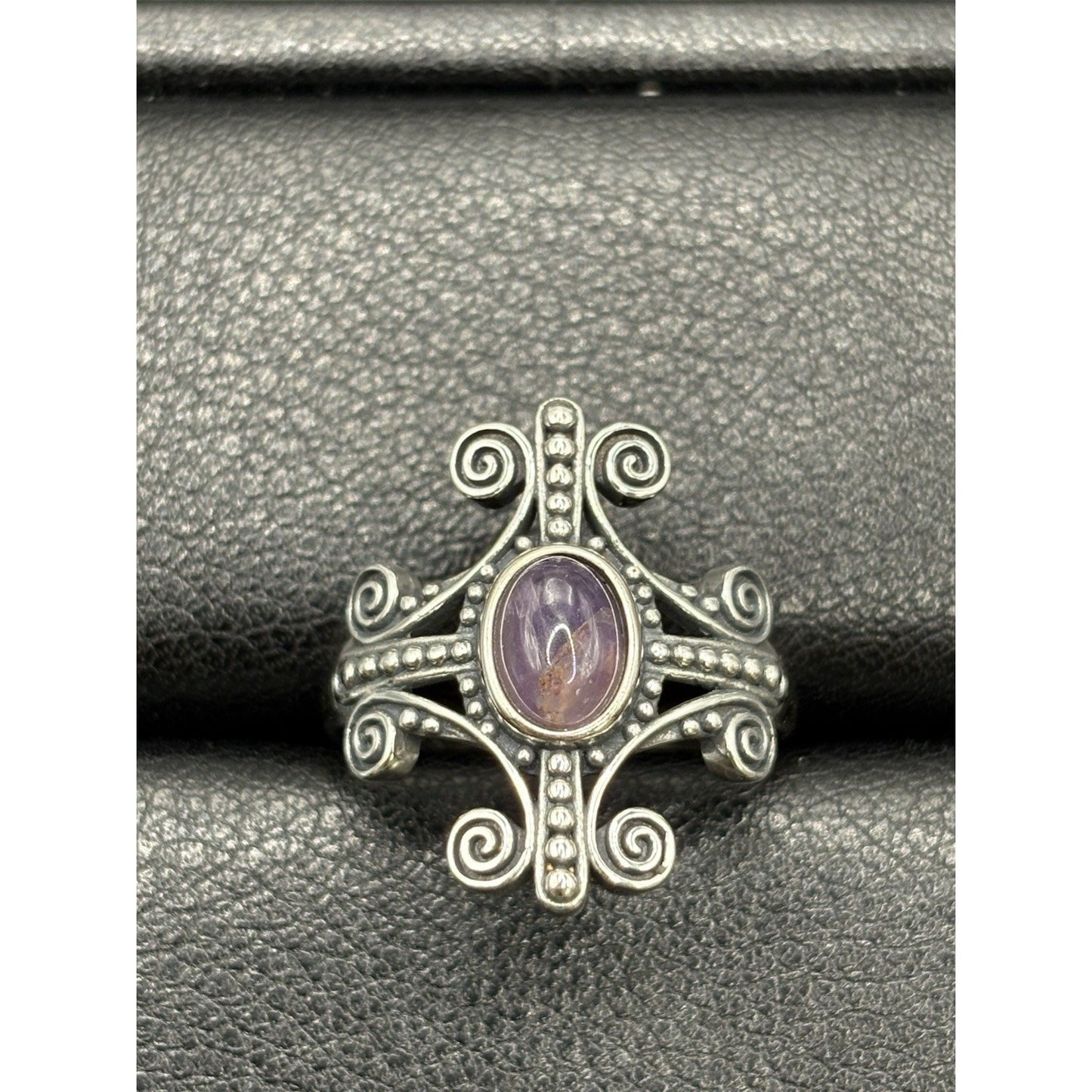 New Condition Sterling Silver Amethyst Scroll Ring Size 7