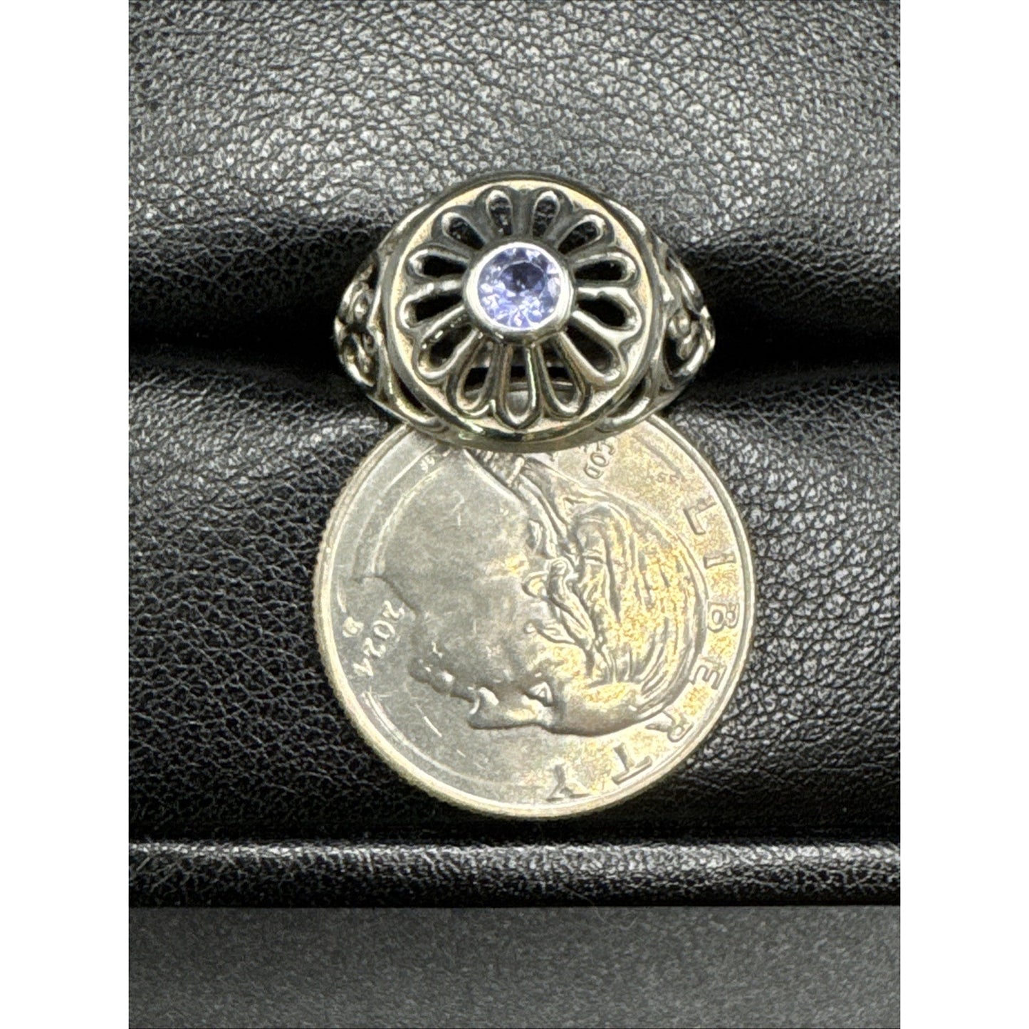 New Condition Sterling Silver Tanzanite Scroll Ring 925 Size 7.75