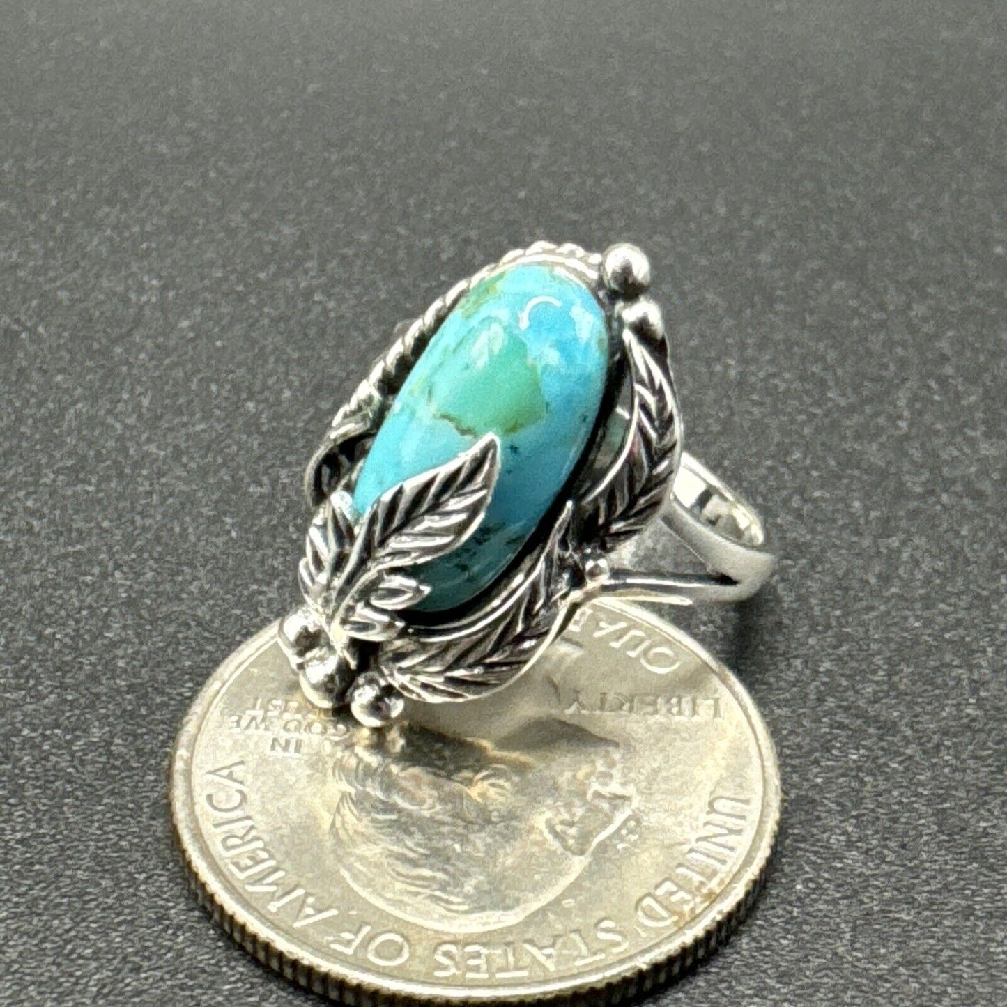 New Condition Turquoise Sterling Silver Feathers Ring 925 Size 6.50