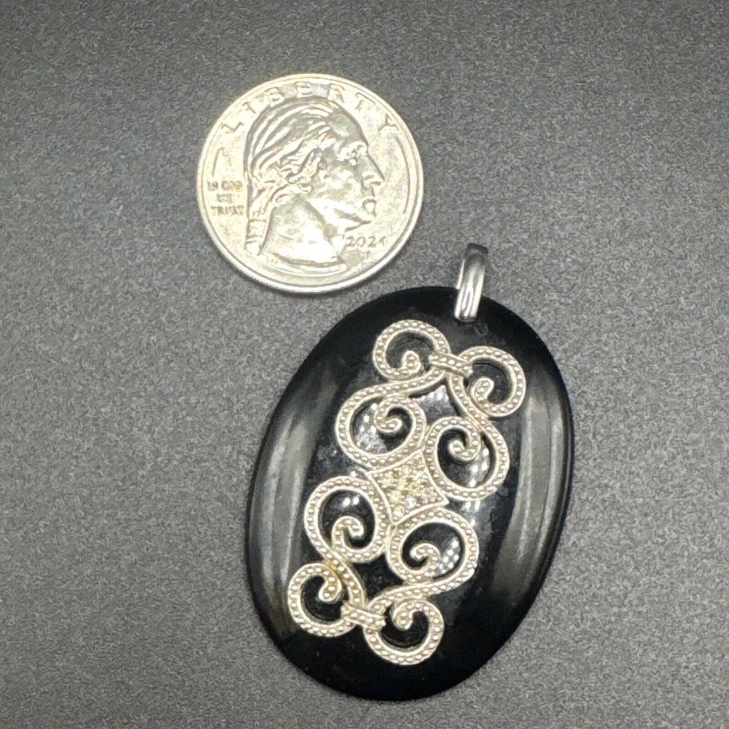 Vintage Sterling Silver Genuine Diamond Onyx Pendant 45x32mm 925 N1
