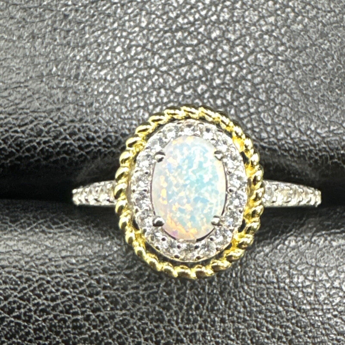 New Condition Sterling Silver 14k Gold Plated Lab Opal Sapphire Ring 925 Size 7