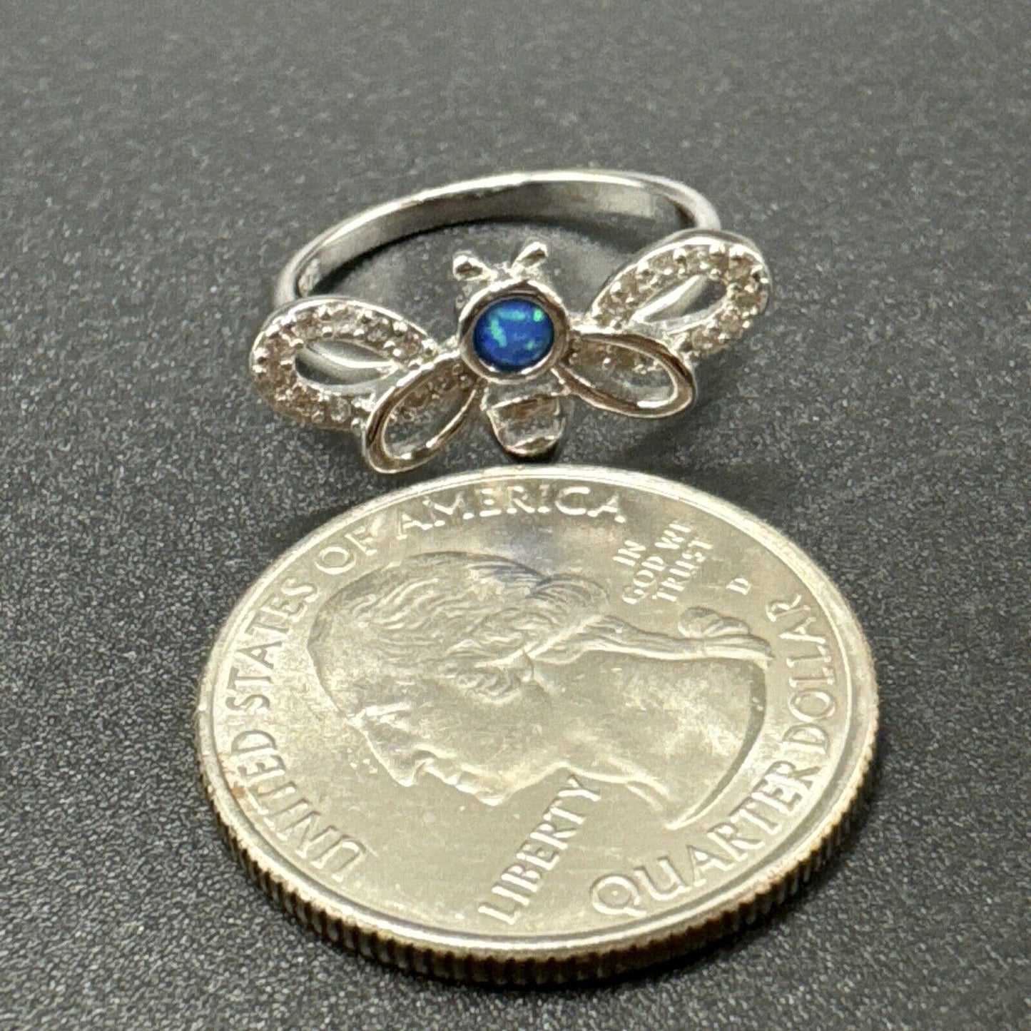 New Condition Sterling Silver Lab Blue Opal CZ Bee Ring 925 Size 7