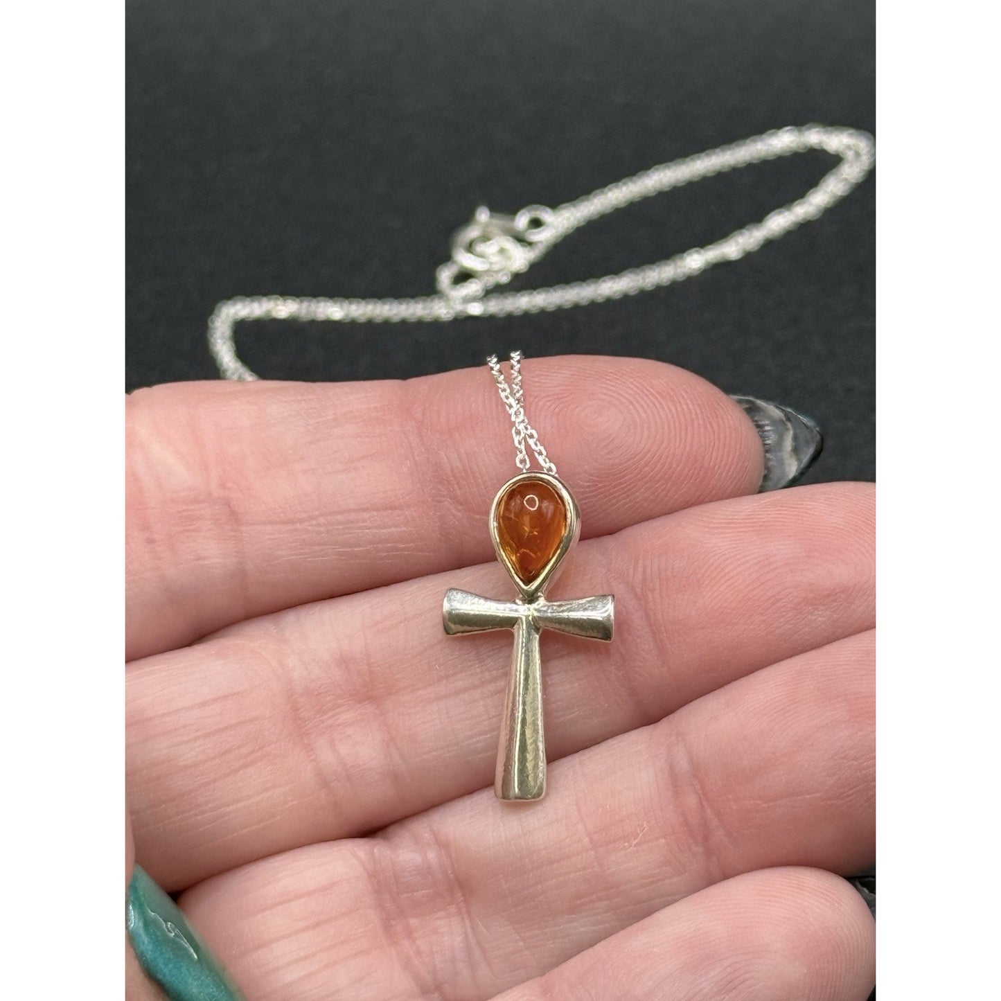 18” Sterling Silver Genuine Amber Cross Pendant Necklace P3