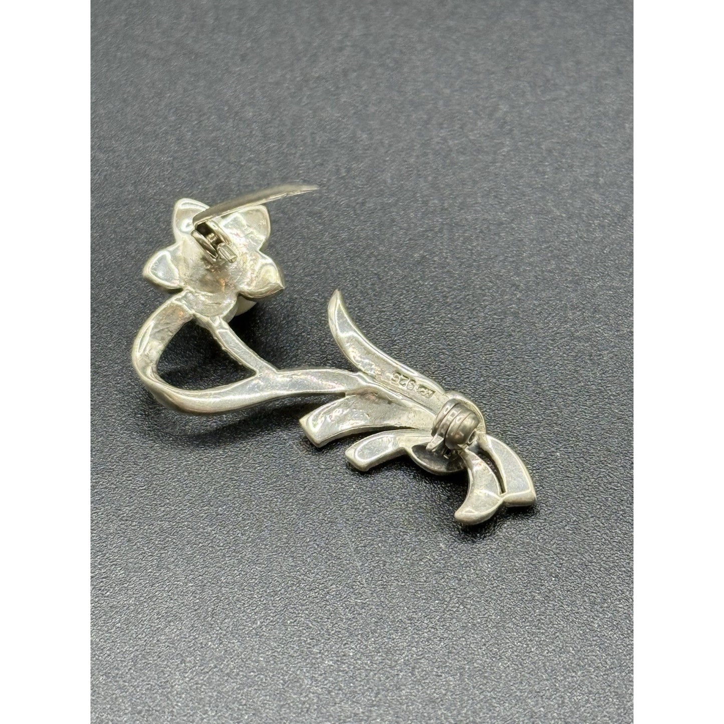 Vintage Sterling Silver Marcasite Pearl Brooch Pin 925 P6