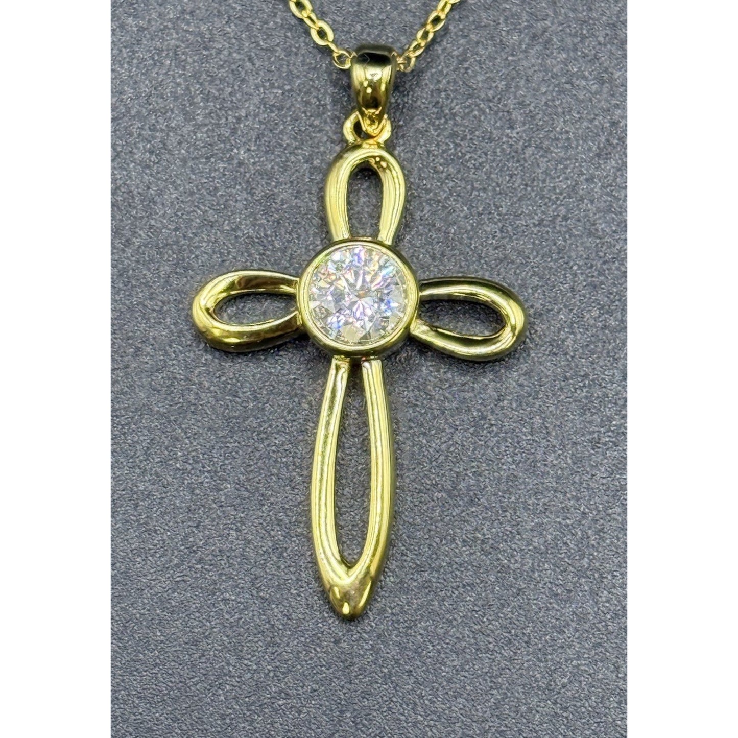 New Condition 18” Gold Sterling Silver Moissanite Cross Pendant Necklace GRA