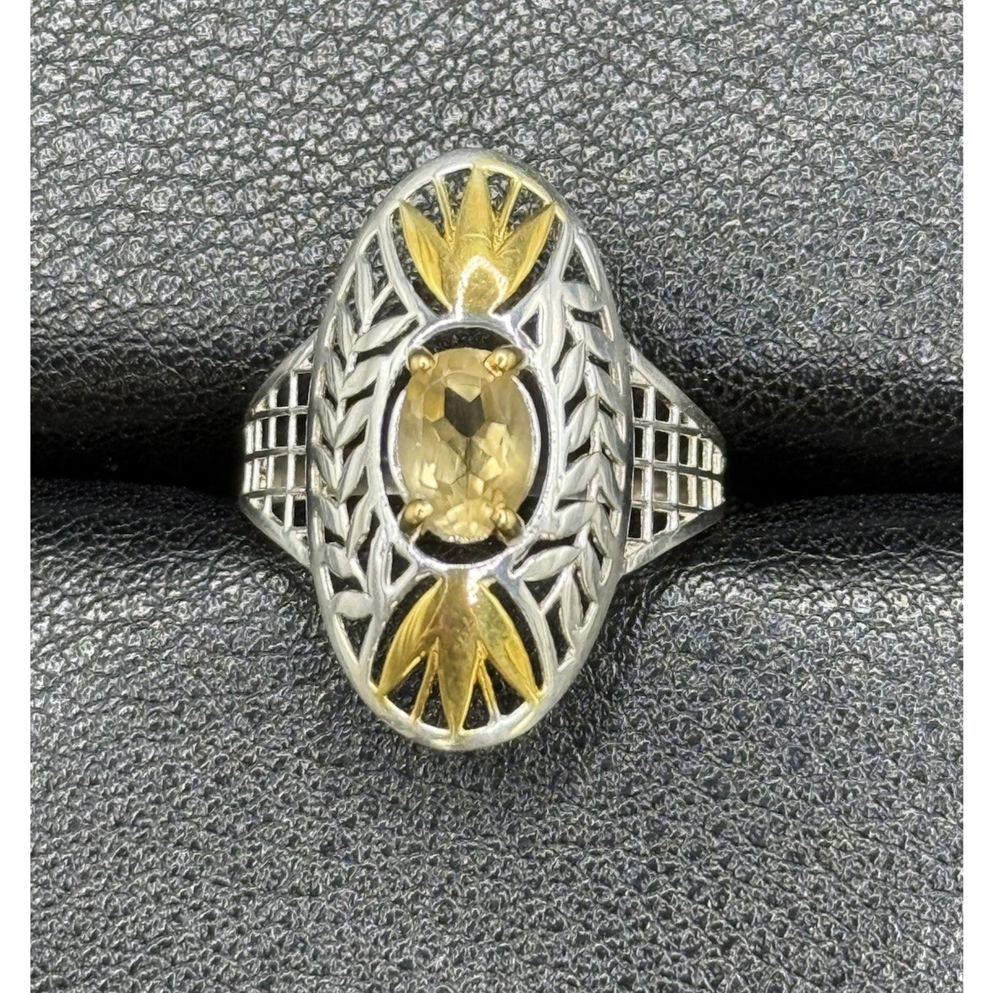 New Condition Sterling Silver Two Tone Genuine Citrine Ring Size 8.00
