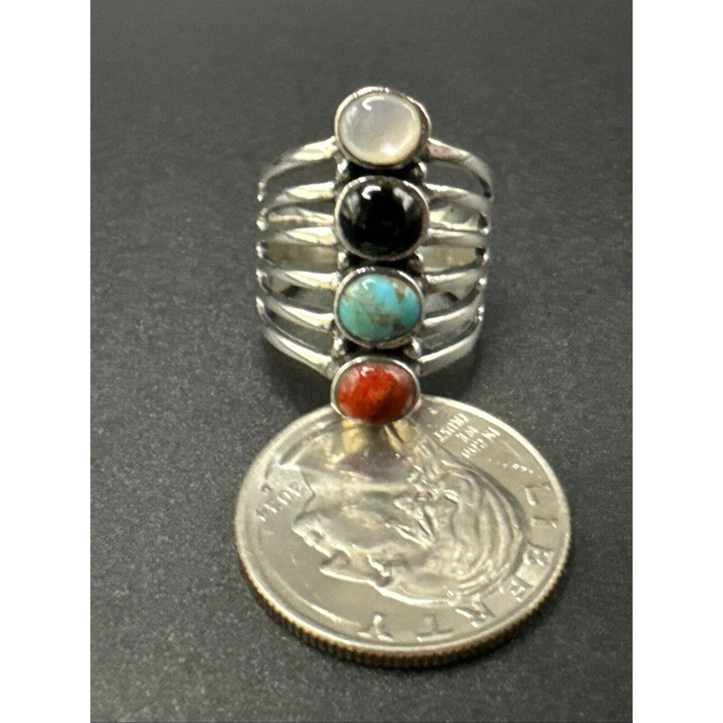 New Condition Sterling Silver Multi Gemstone Row Oblong Ring 925 Size 6.75