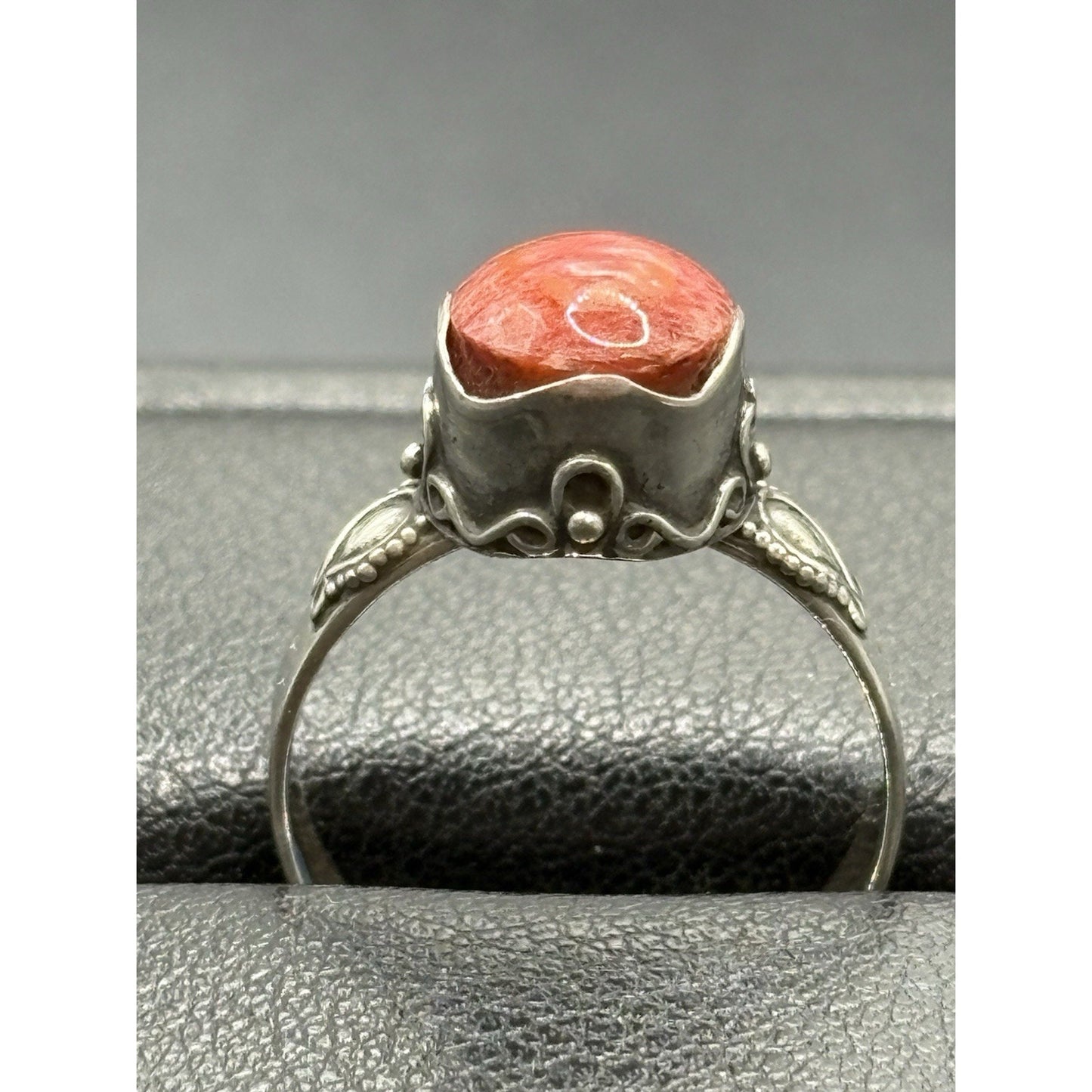 New Condition Sterling Silver Bali Style Coral Ring Size 7