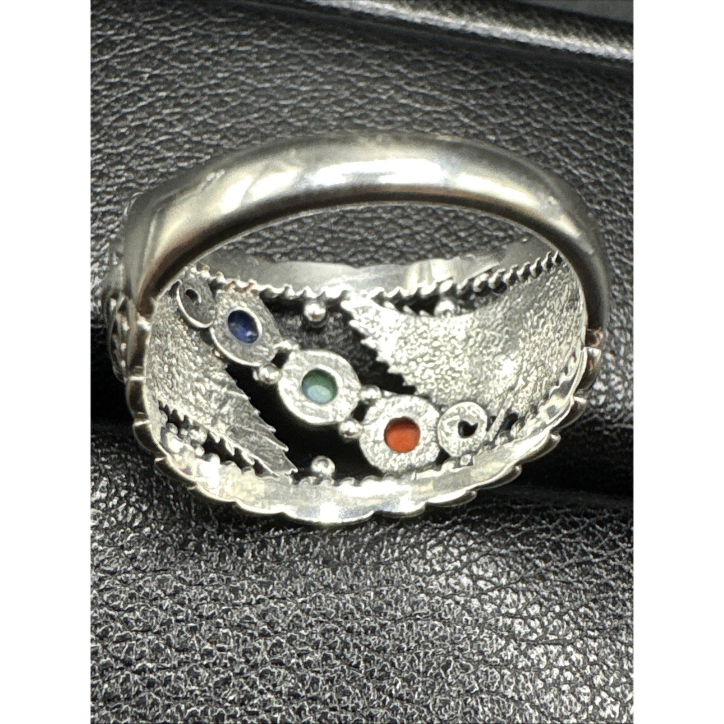 New Condition Coral Turquoise Lapis Feathers Band Ring 925 Size 7