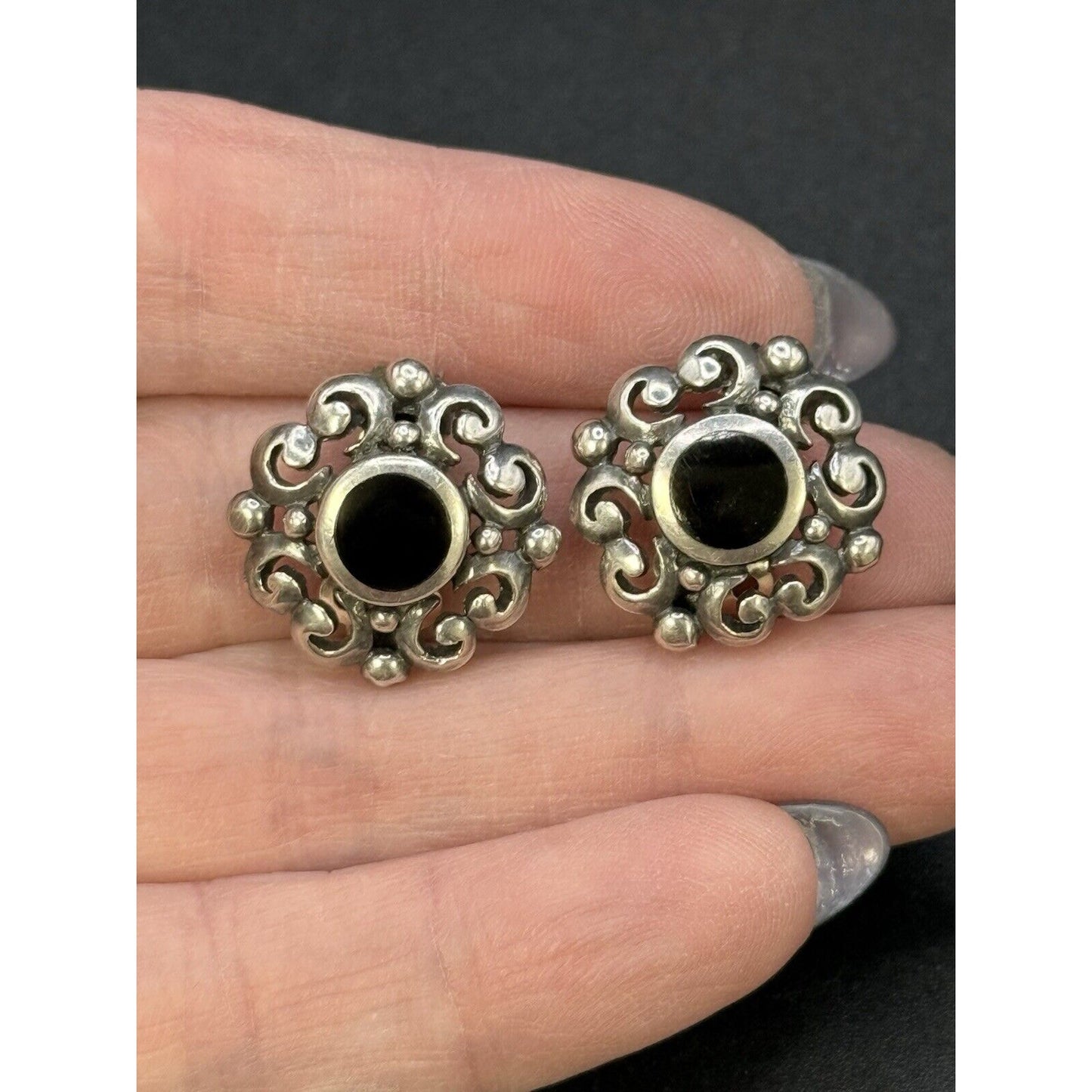 Vintage Sterling Silver Onyx Scroll Clip On Earrings 925 M27