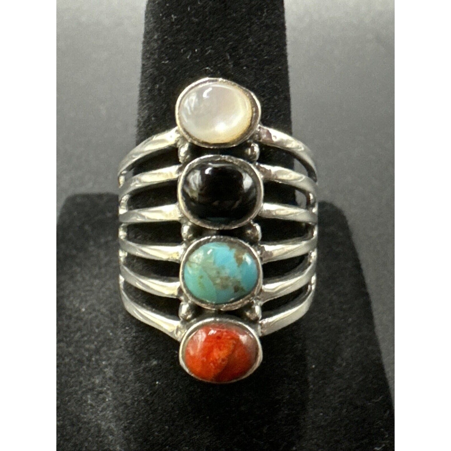 New Condition Sterling Silver Multi Gemstone Row Oblong Ring 925 Size 6.75
